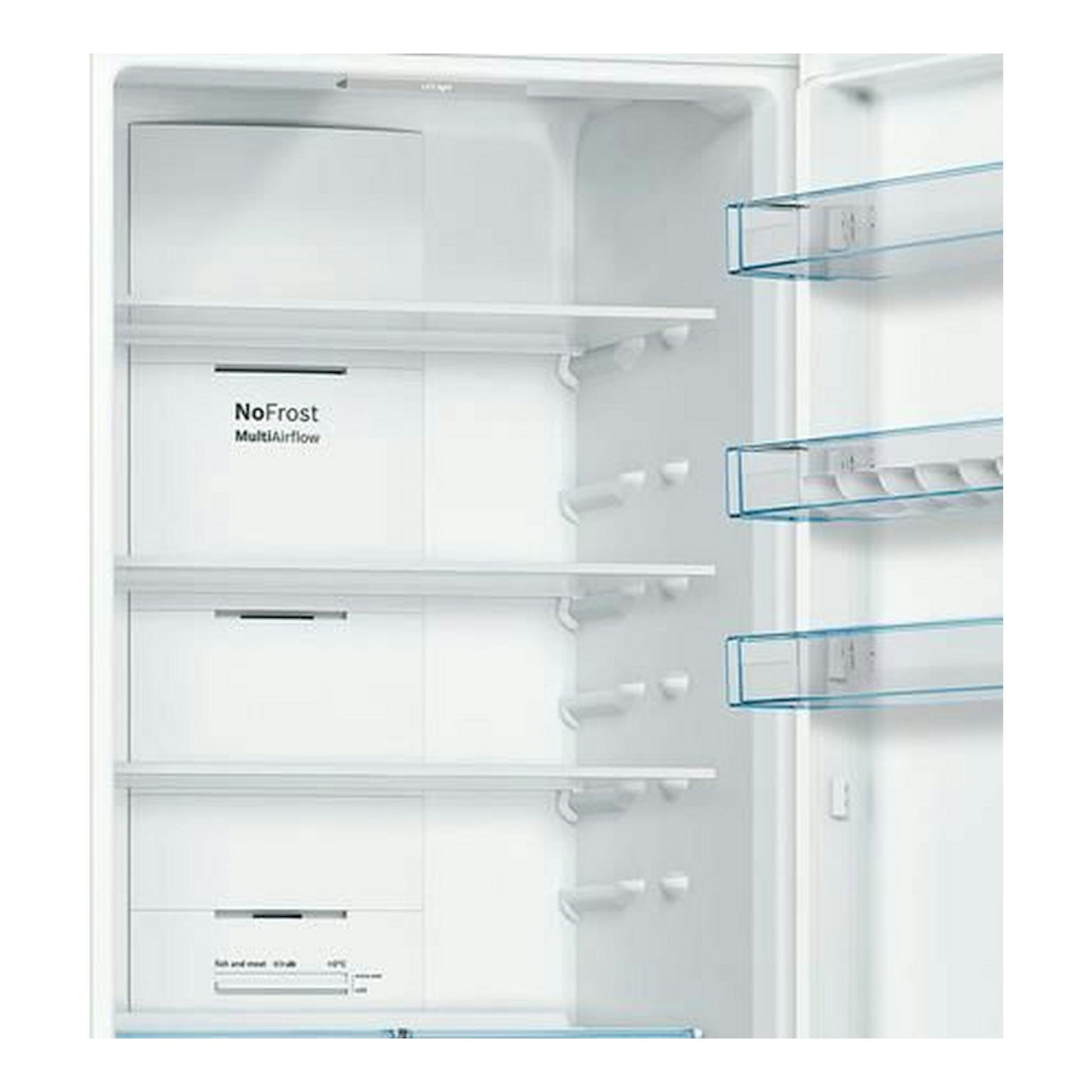 Interior de frigorífico combi Bosch KGN39VWDA blanco, con estantes de vidrio y cajones NoFrost, vista frontal.