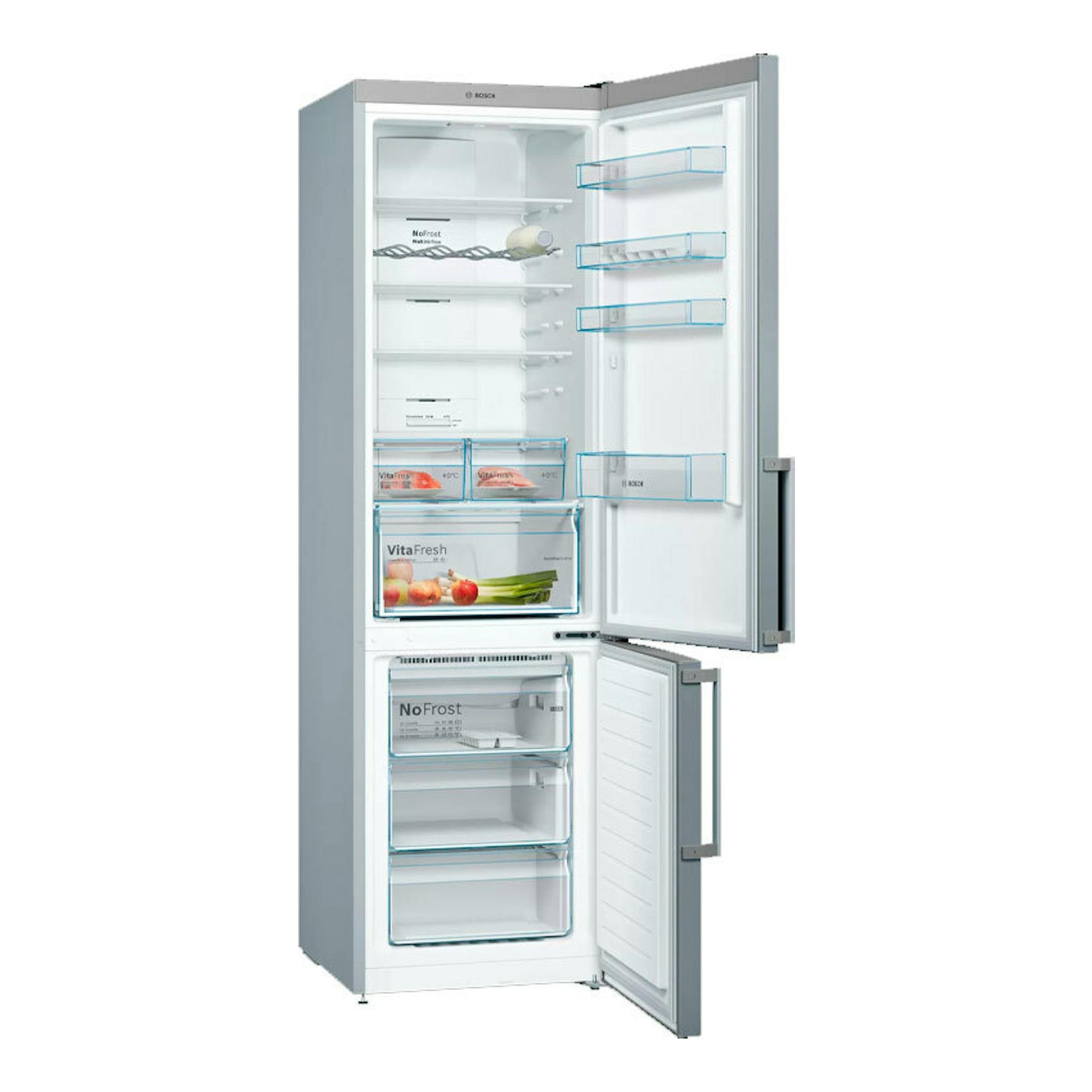 Frigorífico combi Bosch KGN39XIDP inox, vista frontal con puertas abiertas.