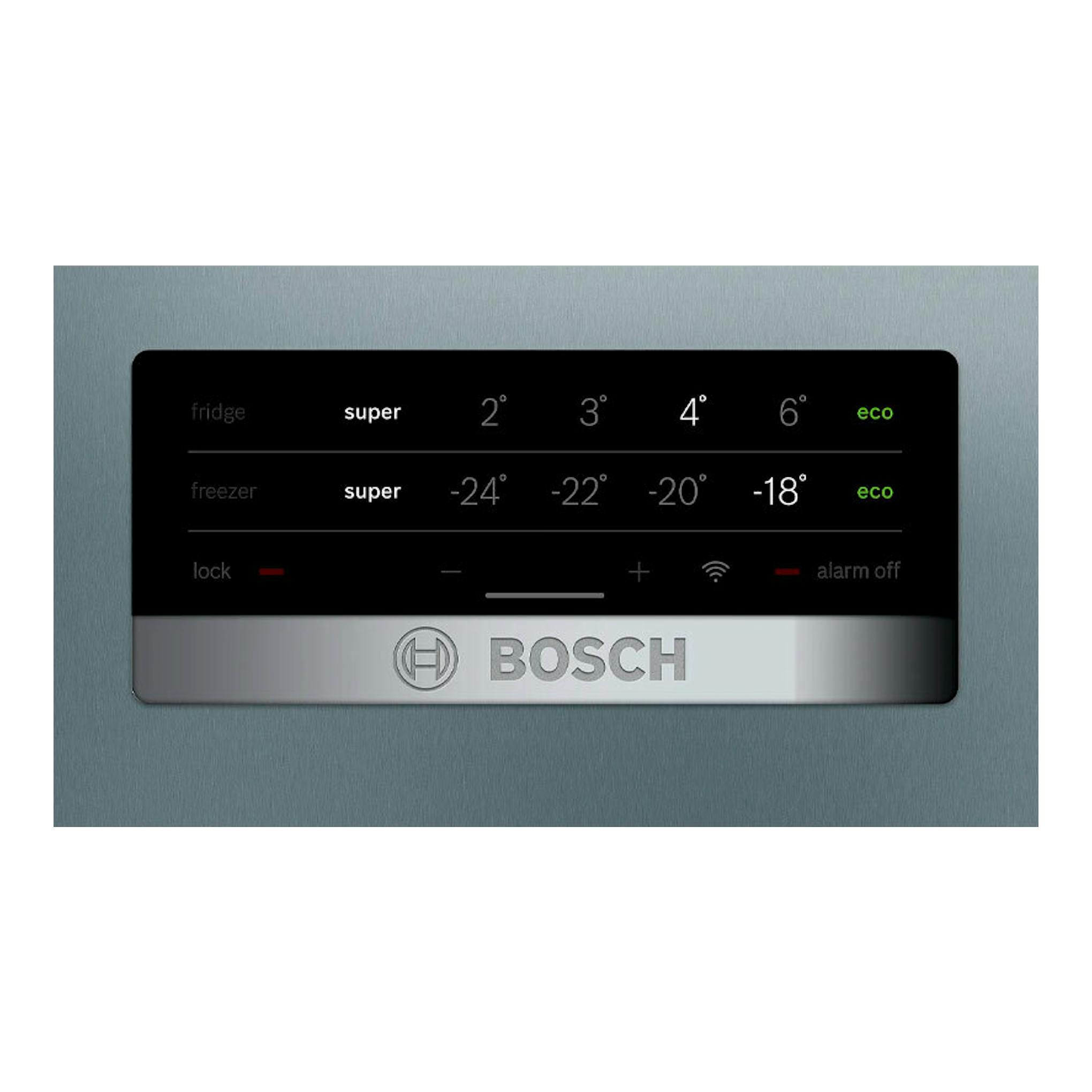 Panel de control táctil de frigorífico combi Bosch KGN39XIDP Inox, frontal negro sobre acero inoxidable.
