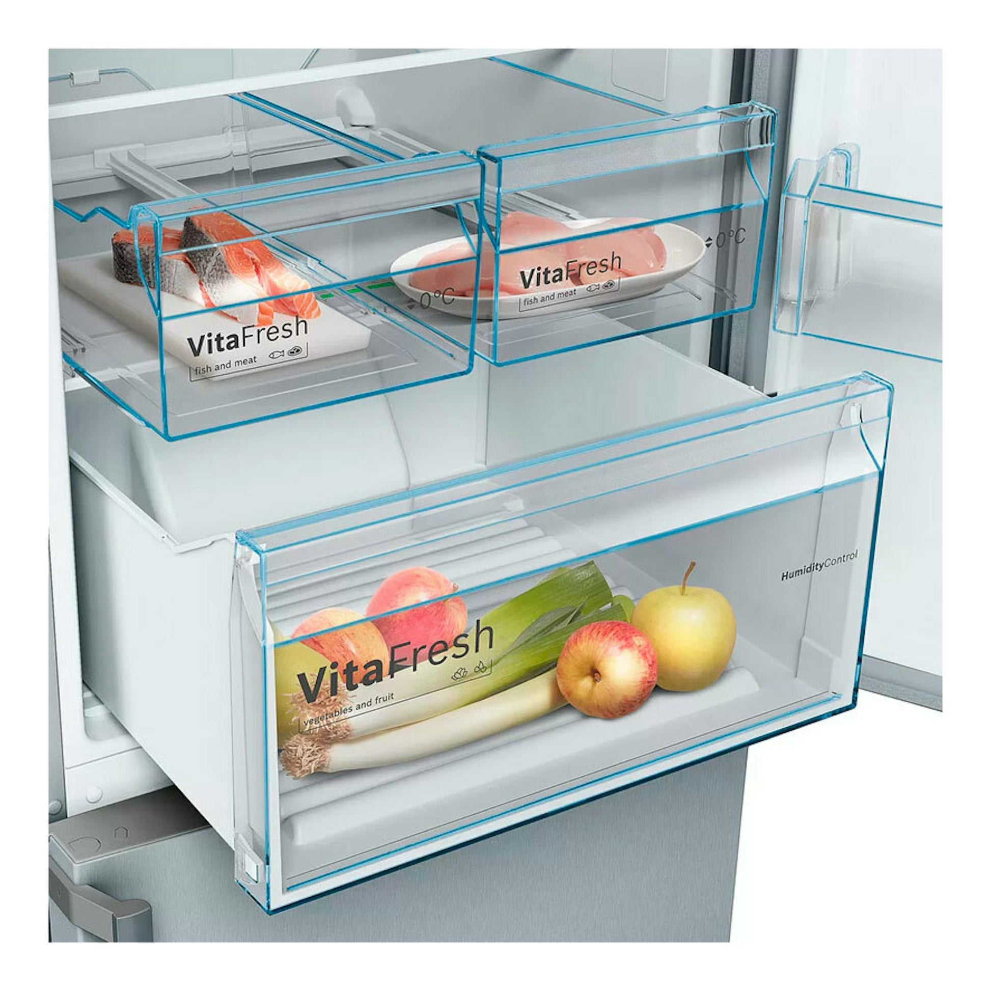 Interior de frigorífico combi Bosch KGN39XIDP inox, con cajones VitaFresh para carne, frutas y verduras.