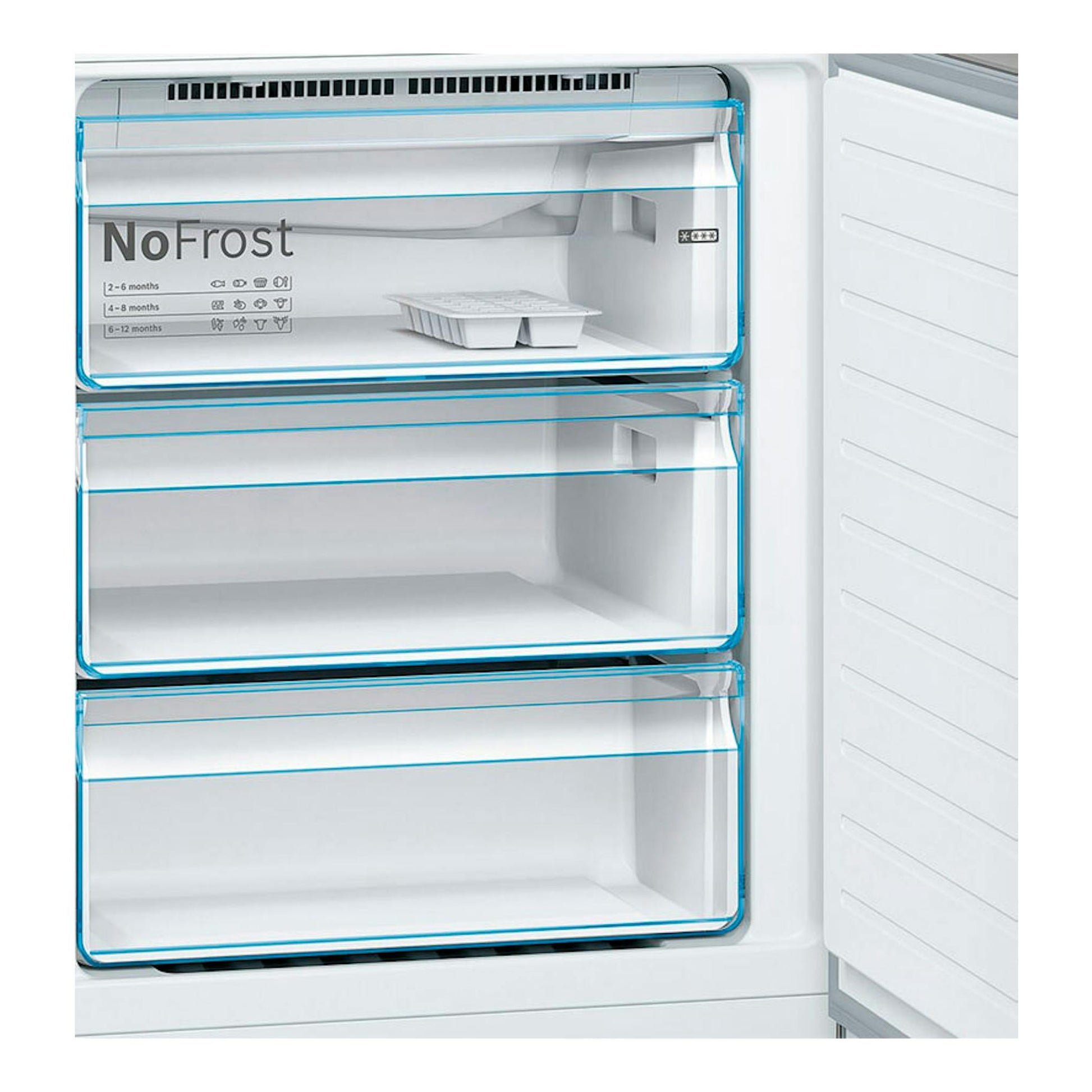 Bosch KGN493IDA inox, interior de cajones NoFrost del congelador, vista frontal abierta.