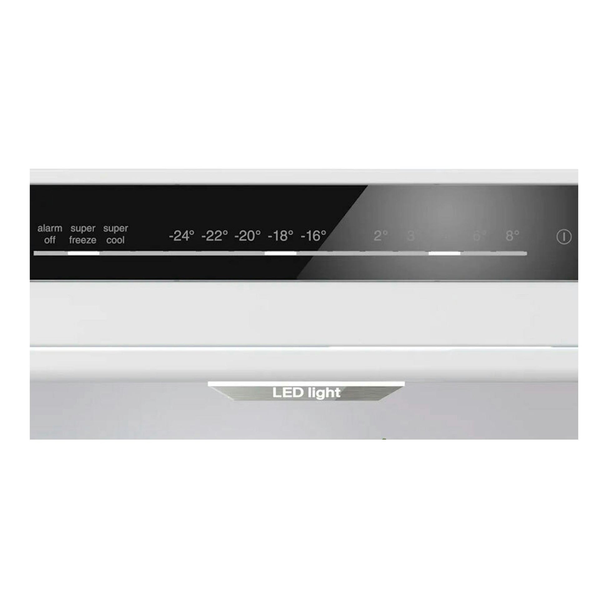 Bosch KGN49OCAF, primer plano del panel de control en acero inox con temperaturas y texto LED light.