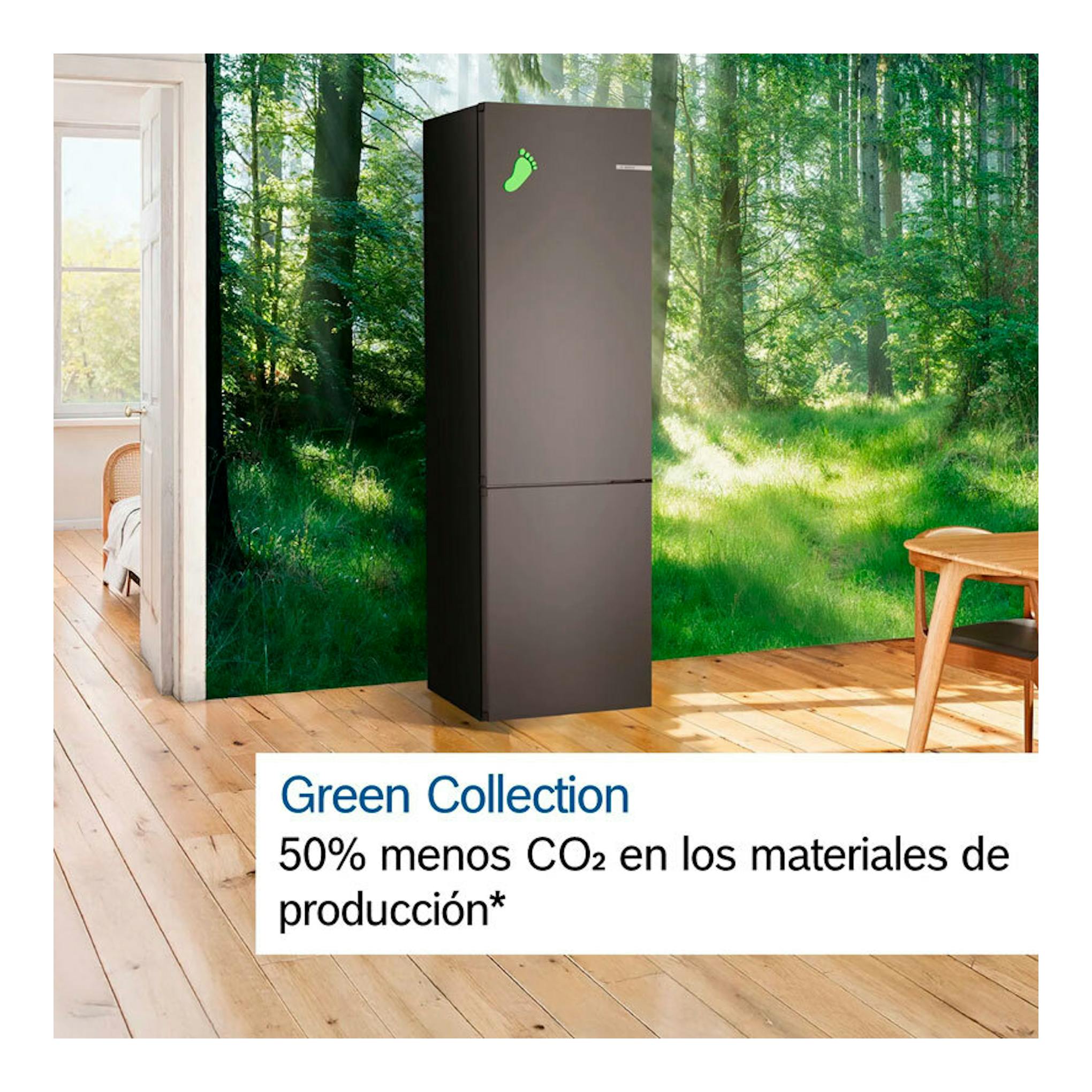 Frigorífico combi Bosch KGN49OCAF, negro, vista frontal, con icono verde sobre la puerta.