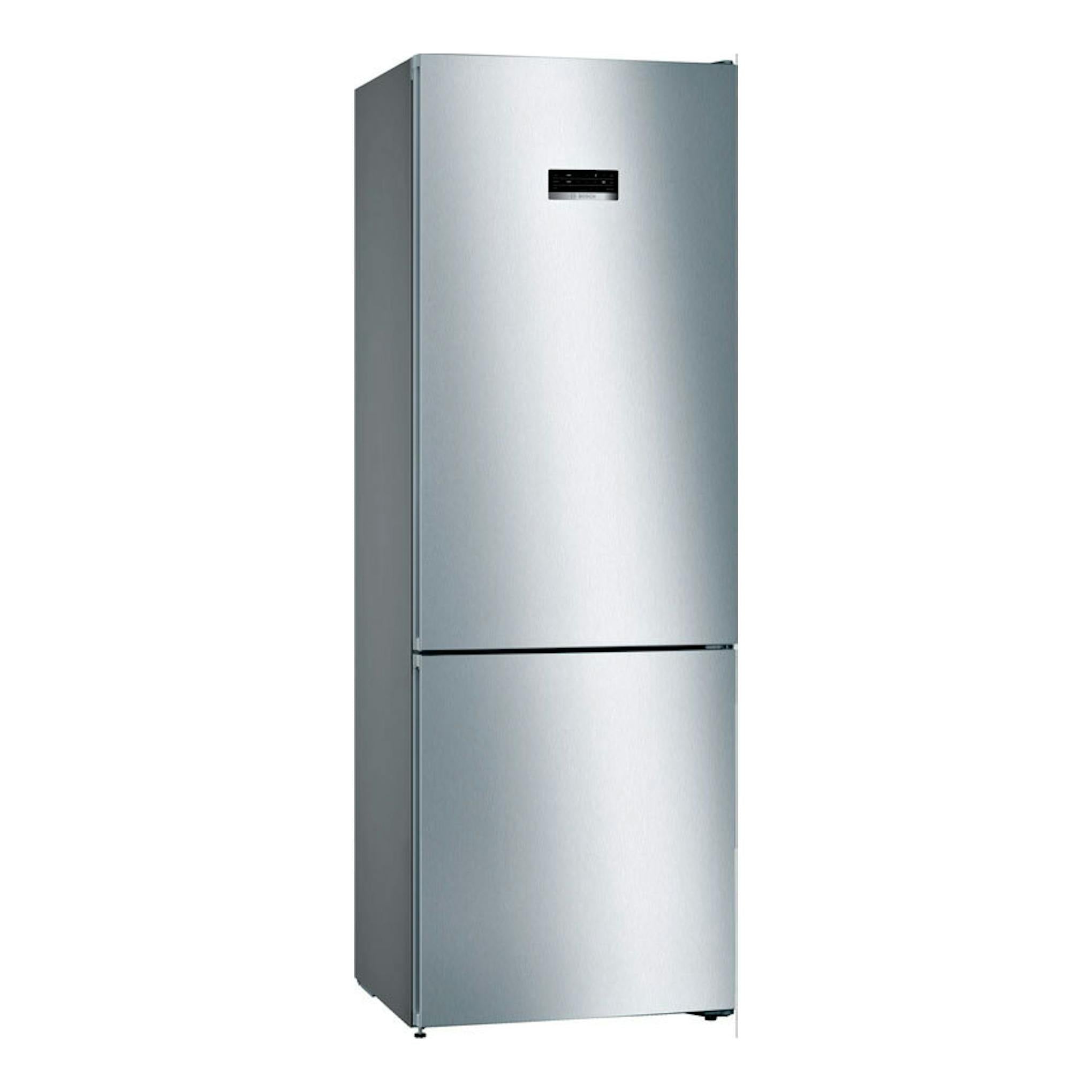 Frigorífico combi Bosch KGN49XIEA de acero inoxidable, vista frontal ligeramente lateral.