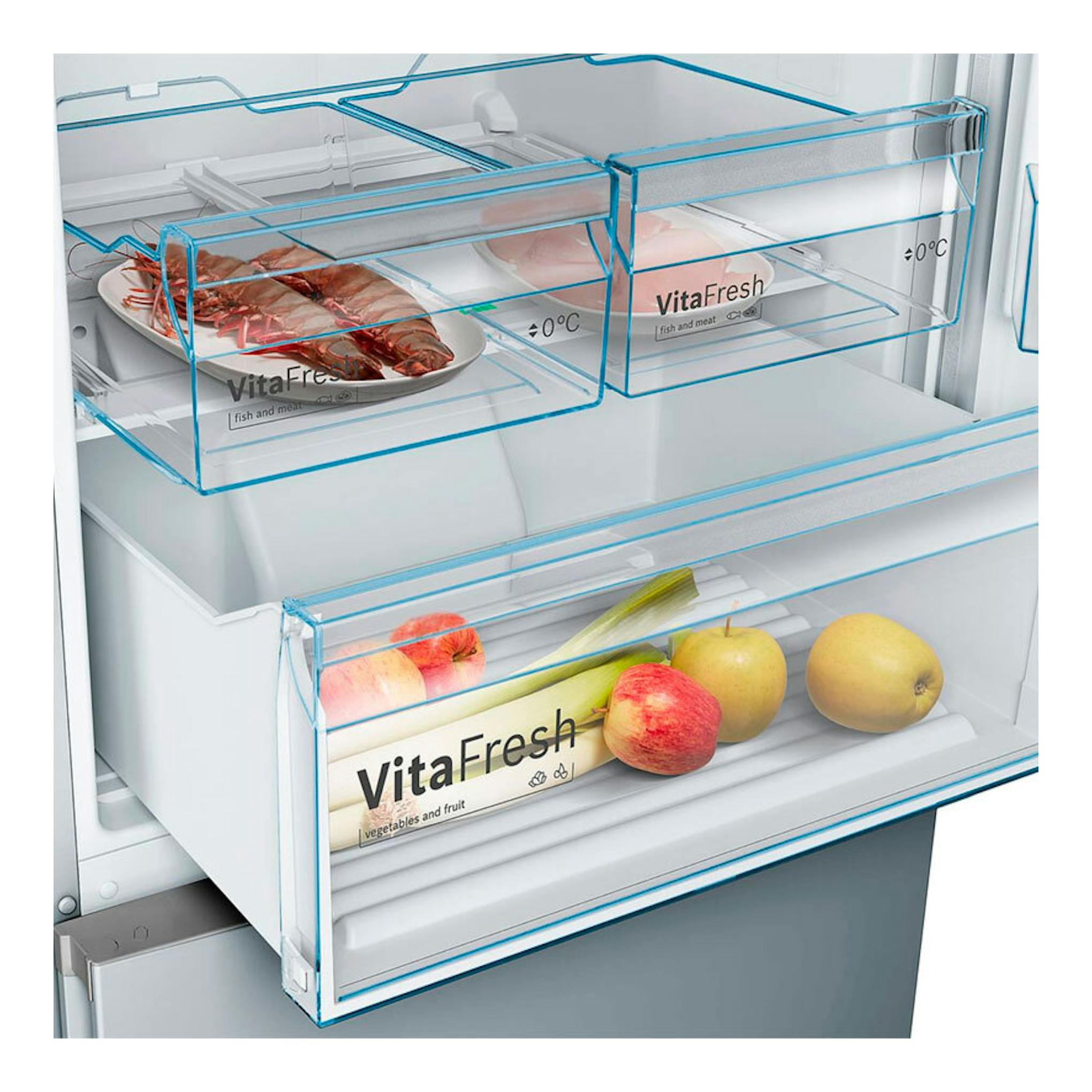 Interior de frigorífico Bosch KGN49XIEA, vista frontal, cajones VitaFresh con fruta, pescado y carne.