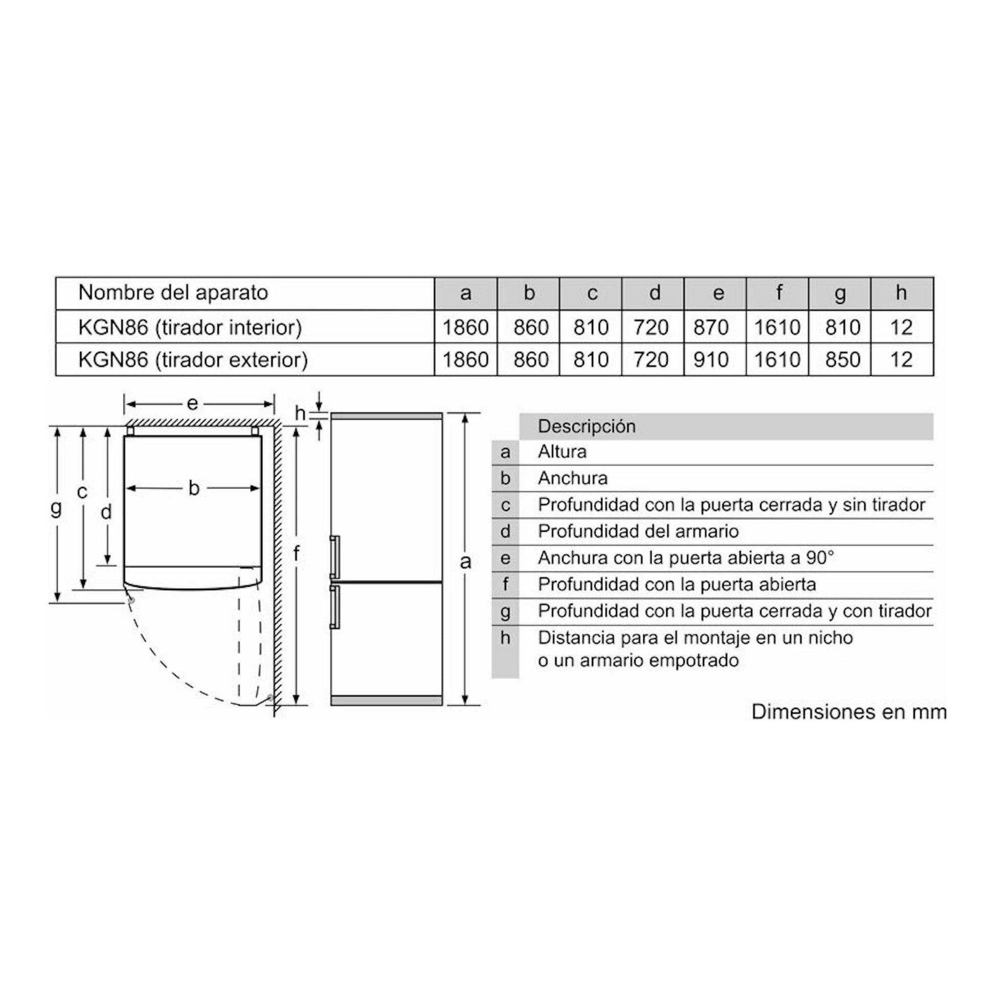 Bosch KGN86VIEA: esquema técnico de frigorífico combi con medidas y vistas frontal y lateral, en mm.