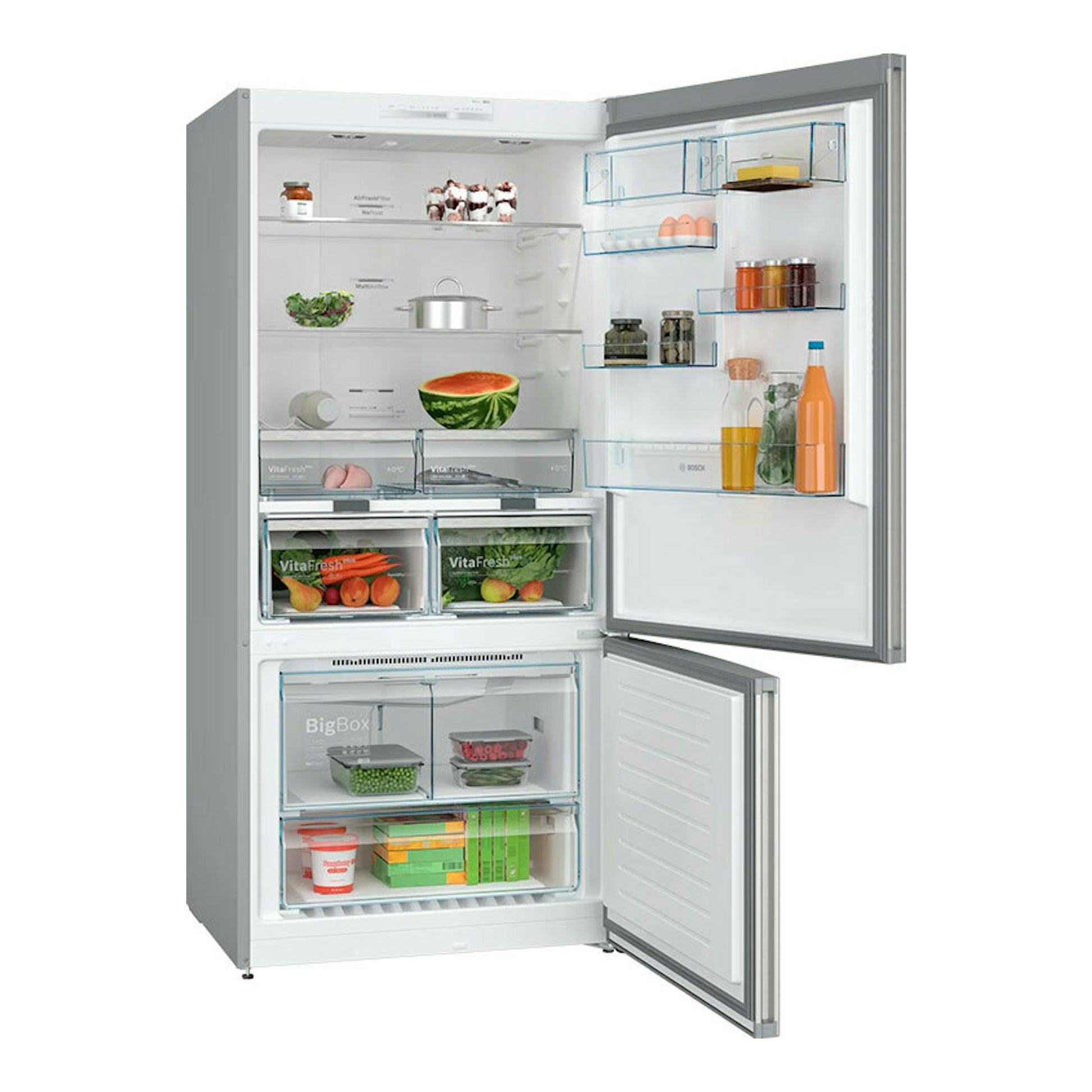 Frigorífico combi Bosch KGN86VIEA abierto, vista frontal, acabado inox, con compartimentos y cajones visibles.