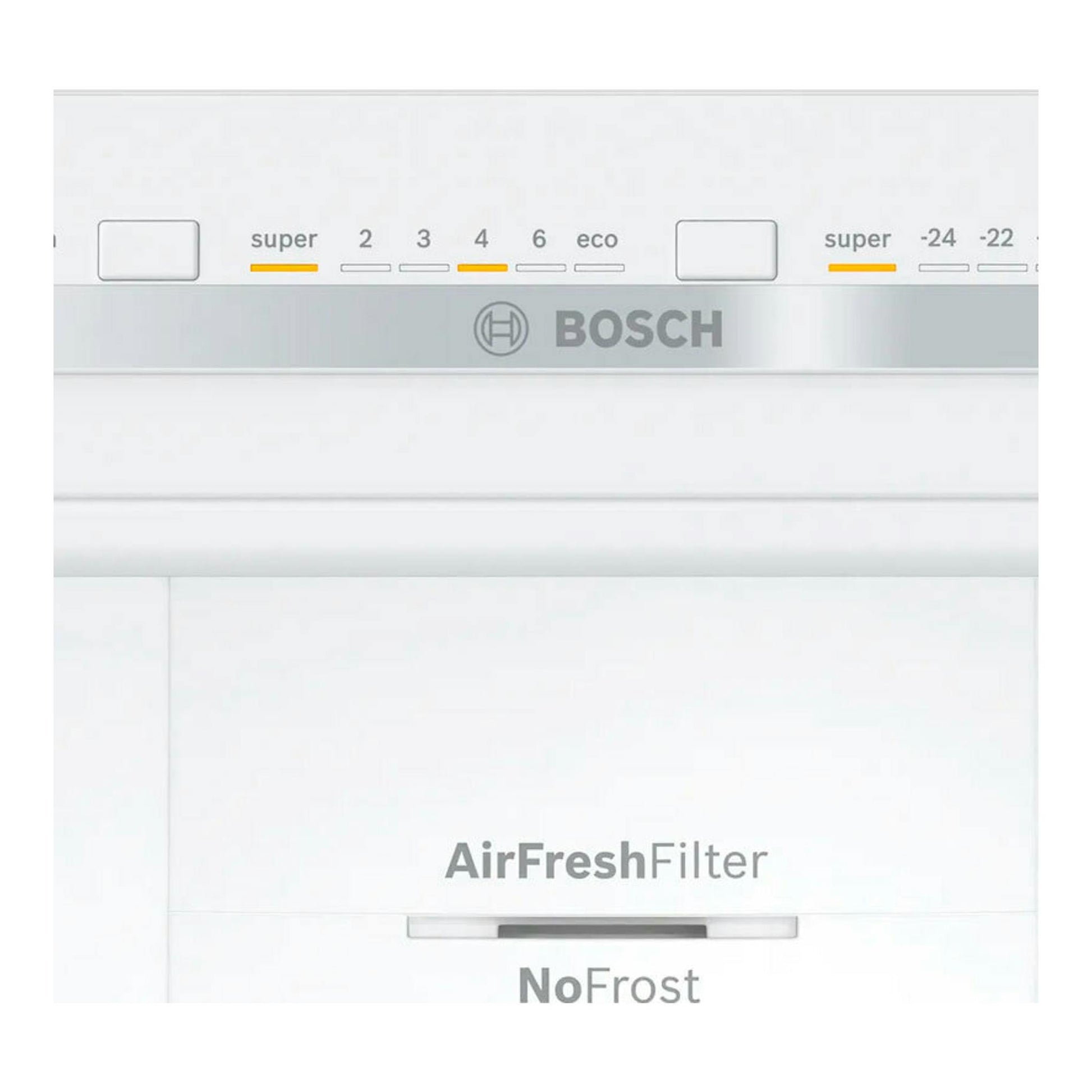Frigorífico combi Bosch KGN86VIEA, vista frontal del panel superior blanco con AirFreshFilter y NoFrost.