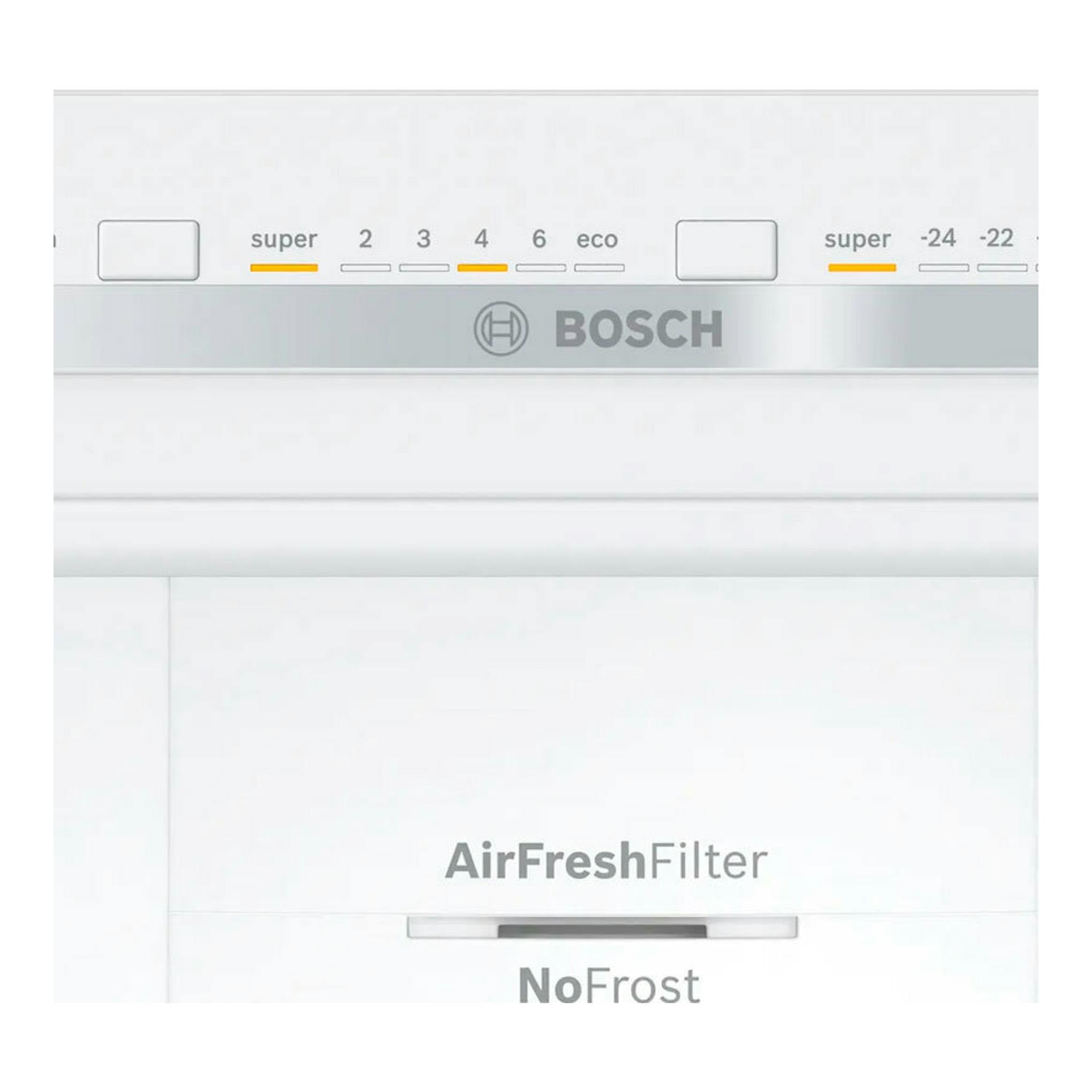 Frigorífico combi Bosch KGN86VIEA, vista frontal del panel superior blanco con AirFreshFilter y NoFrost.