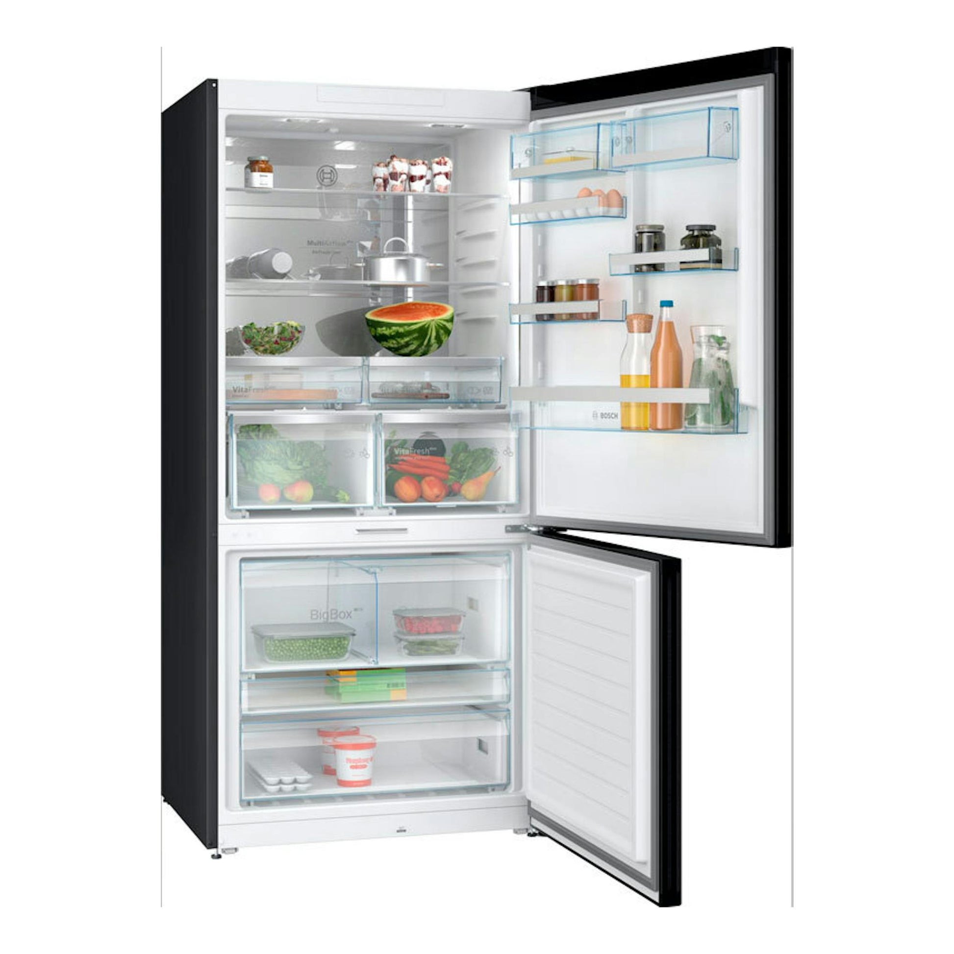 Frigorífico combi Bosch KGP86AXB0N en acero negro, vista frontal con las dos puertas abiertas y interior visible.