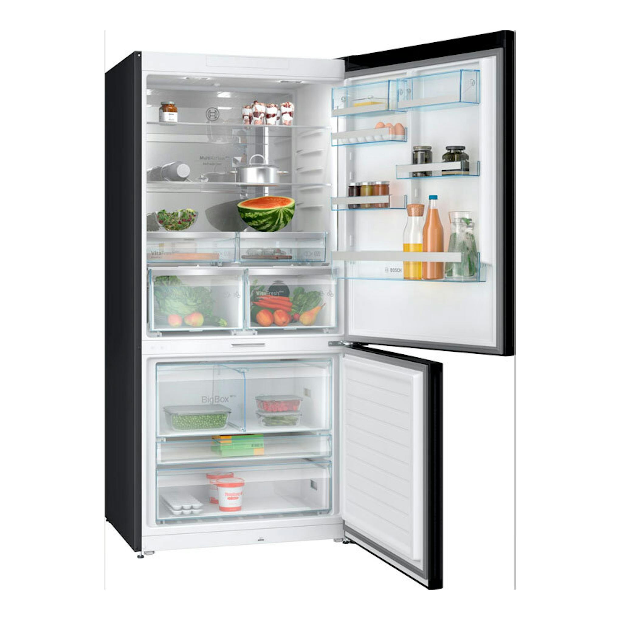 Frigorífico combi Bosch KGP86AXB0N en acero negro, vista frontal con las dos puertas abiertas y interior visible.
