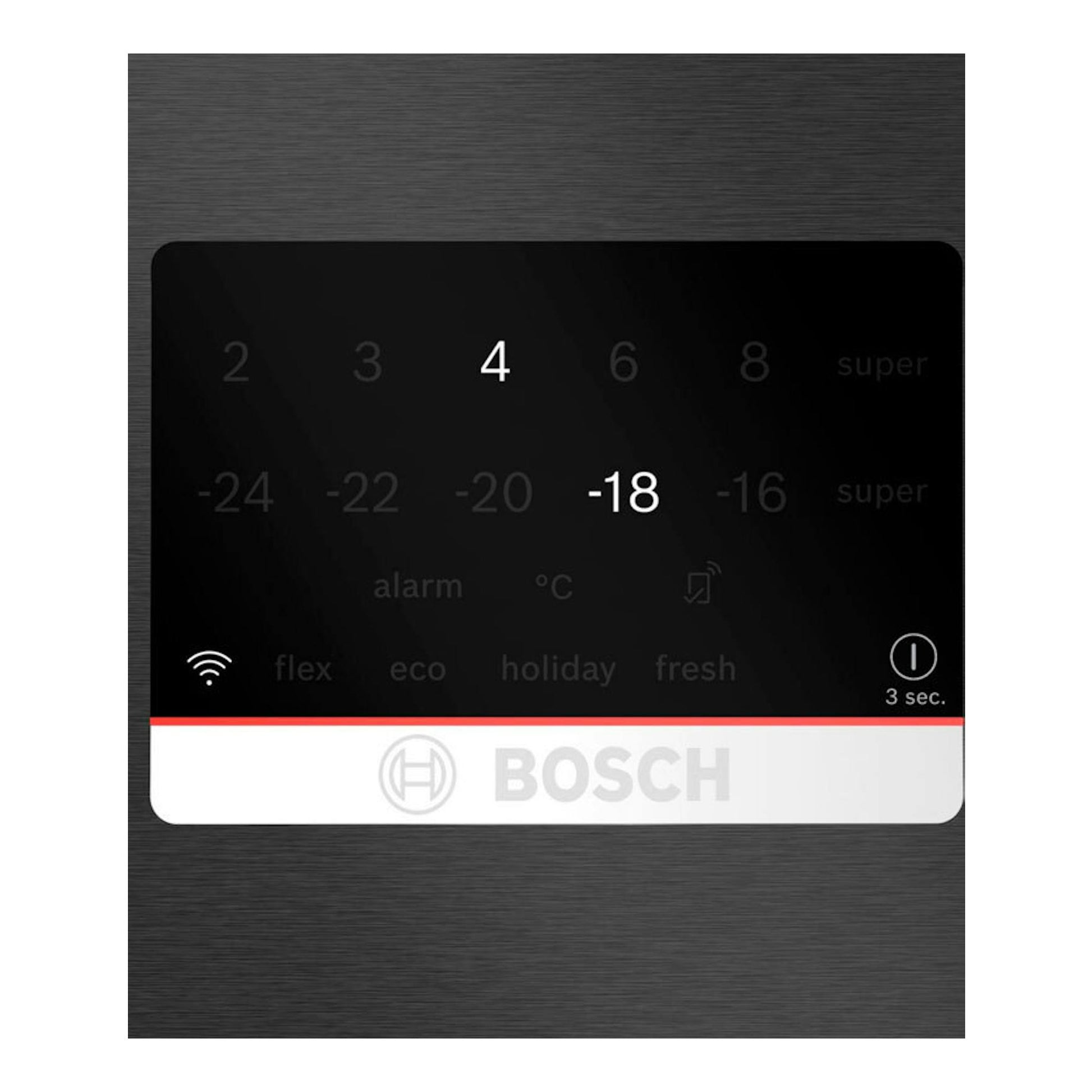 Panel táctil frontal de frigorífico Bosch KGP86AXB0N en acero negro, con temperaturas visibles.
