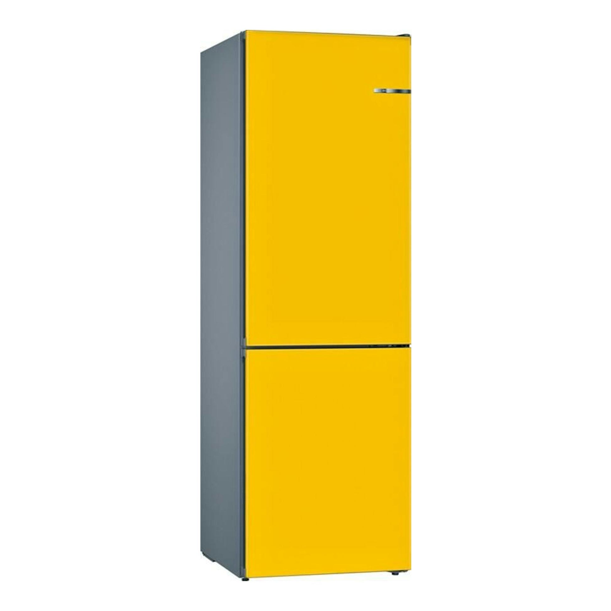Frigorífico combi Bosch KVN39IFEA, vista frontal, puertas amarillas y laterales grises.