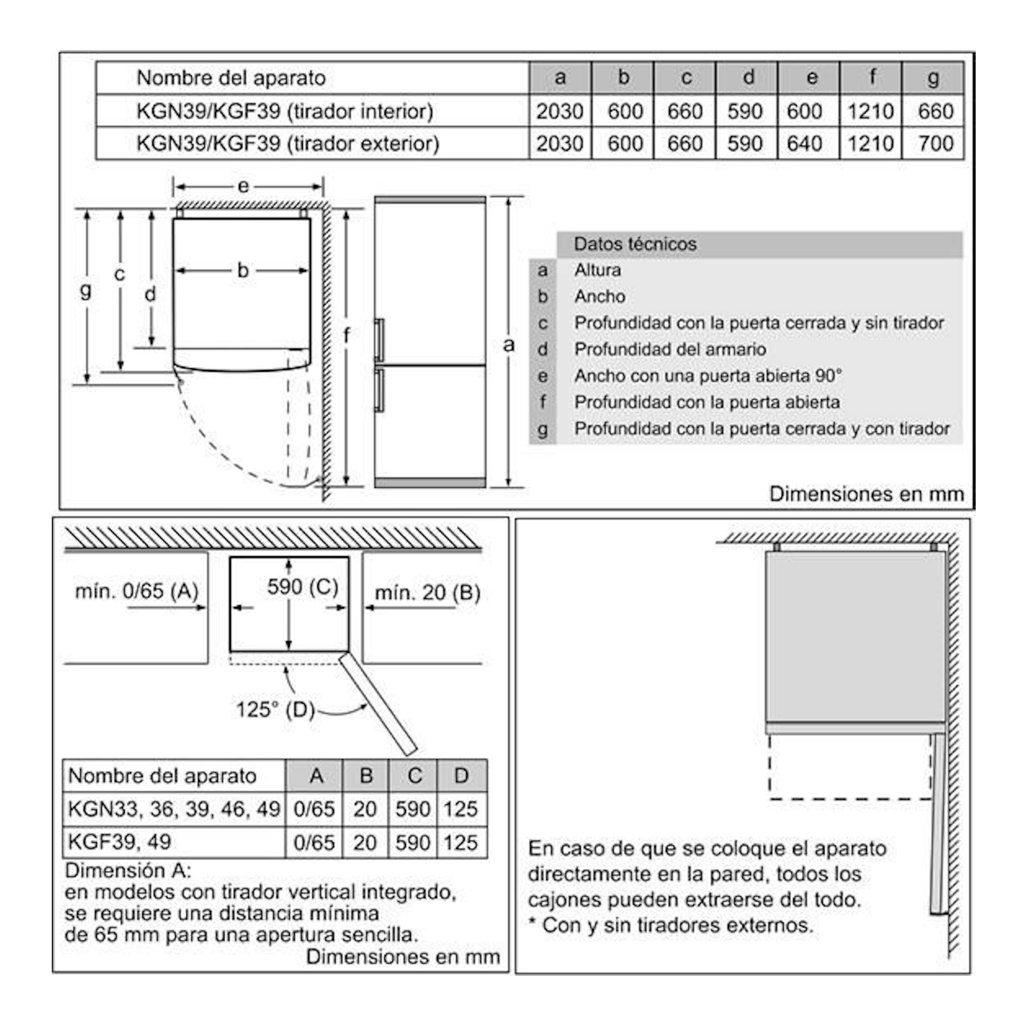 Diagrama técnico del frigorífico combi Bosch KVN39IFEA con medidas y esquemas de apertura en mm.