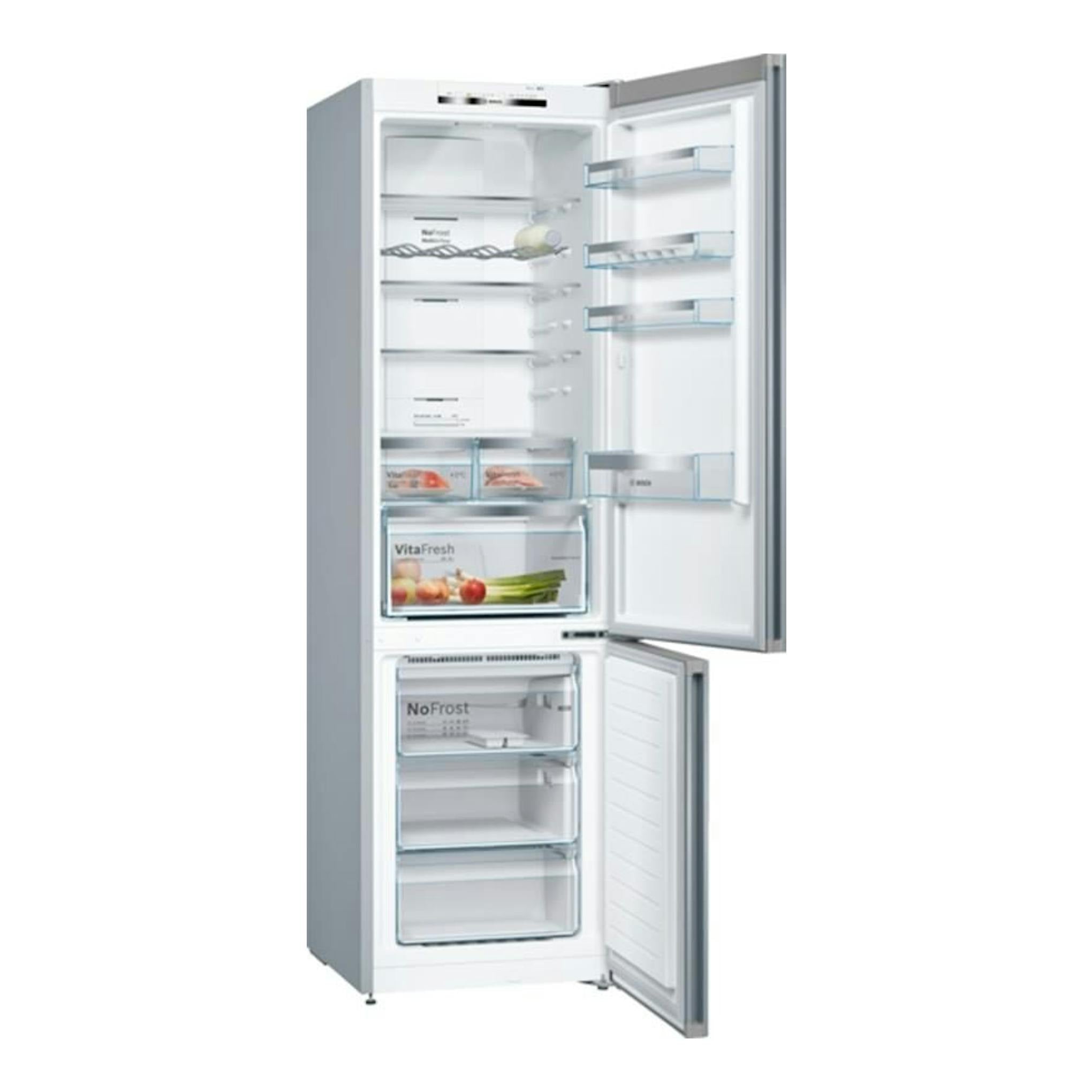 Frigorífico combi Bosch KVN39IFEA, vista frontal abierta, color plateado, con baldas y cajones.