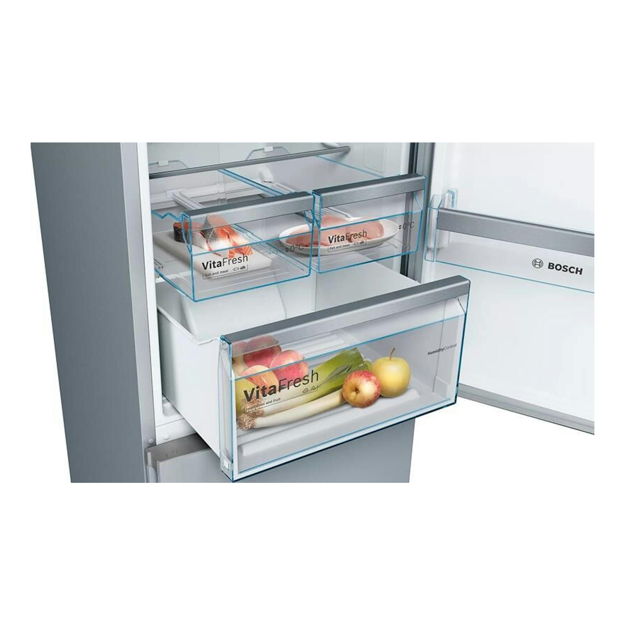 Interior de frigorífico Bosch con cajones VitaFresh transparentes y alimentos, vista frontal abierta.