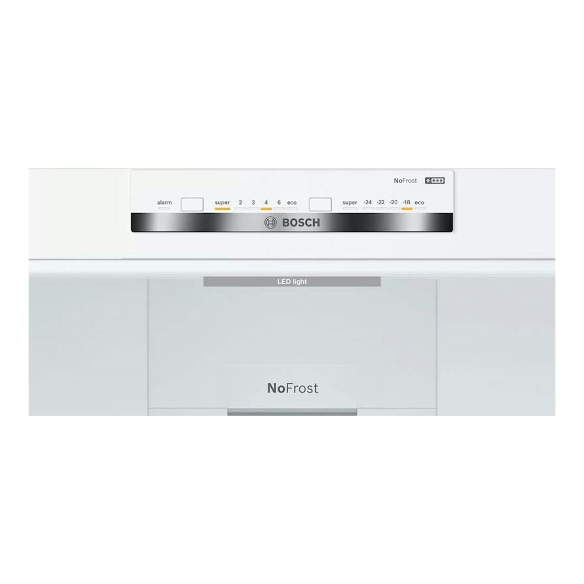 Frigorífico combi Bosch KVN39IFEA blanco, vista frontal del panel de control NoFrost.