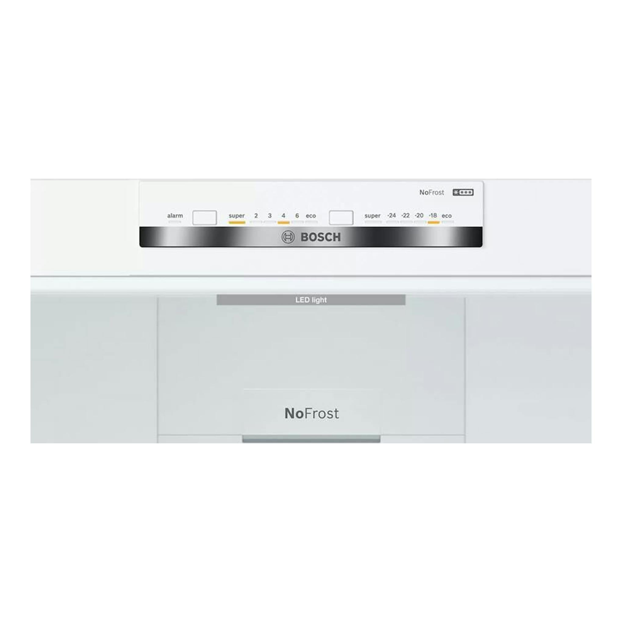 Frigorífico combi Bosch KVN39IFEA blanco, vista frontal del panel de control NoFrost.