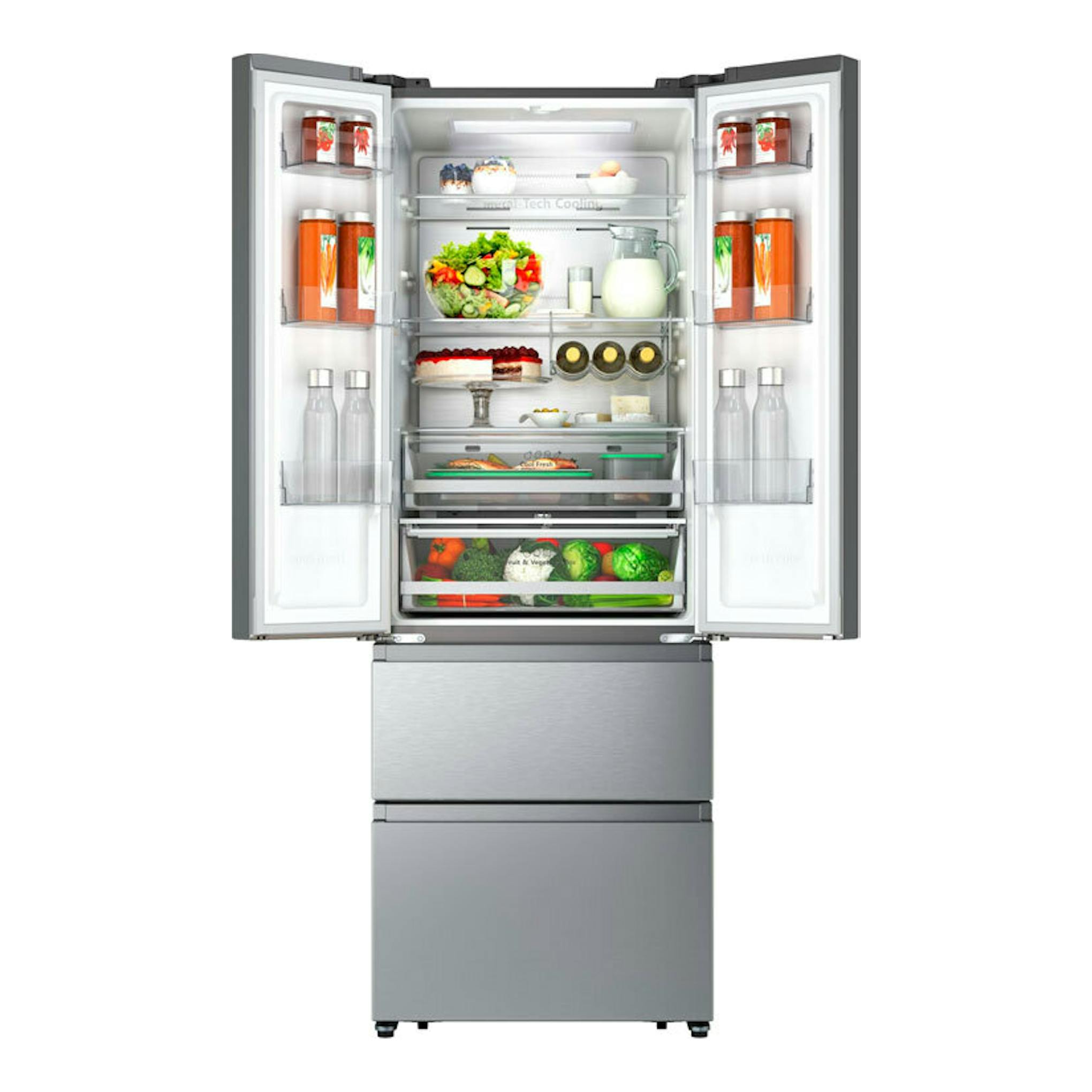 Frigorífico combi cajón francés Hisense RF632N4AIC1 inox, vista frontal con puertas abiertas.