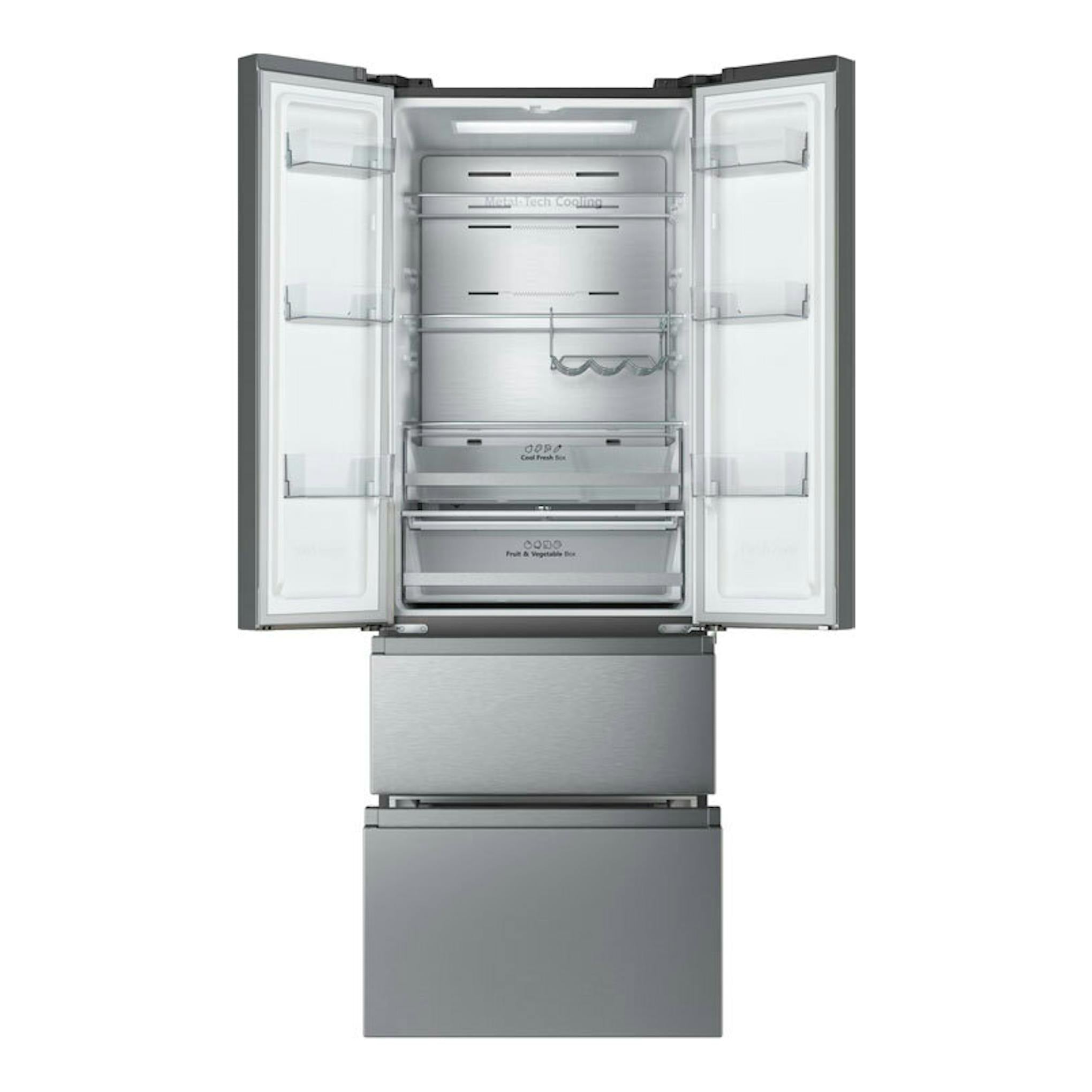 Frigorífico Hisense RF632N4AIC1 inox, vista frontal con puertas y cajones abiertos.