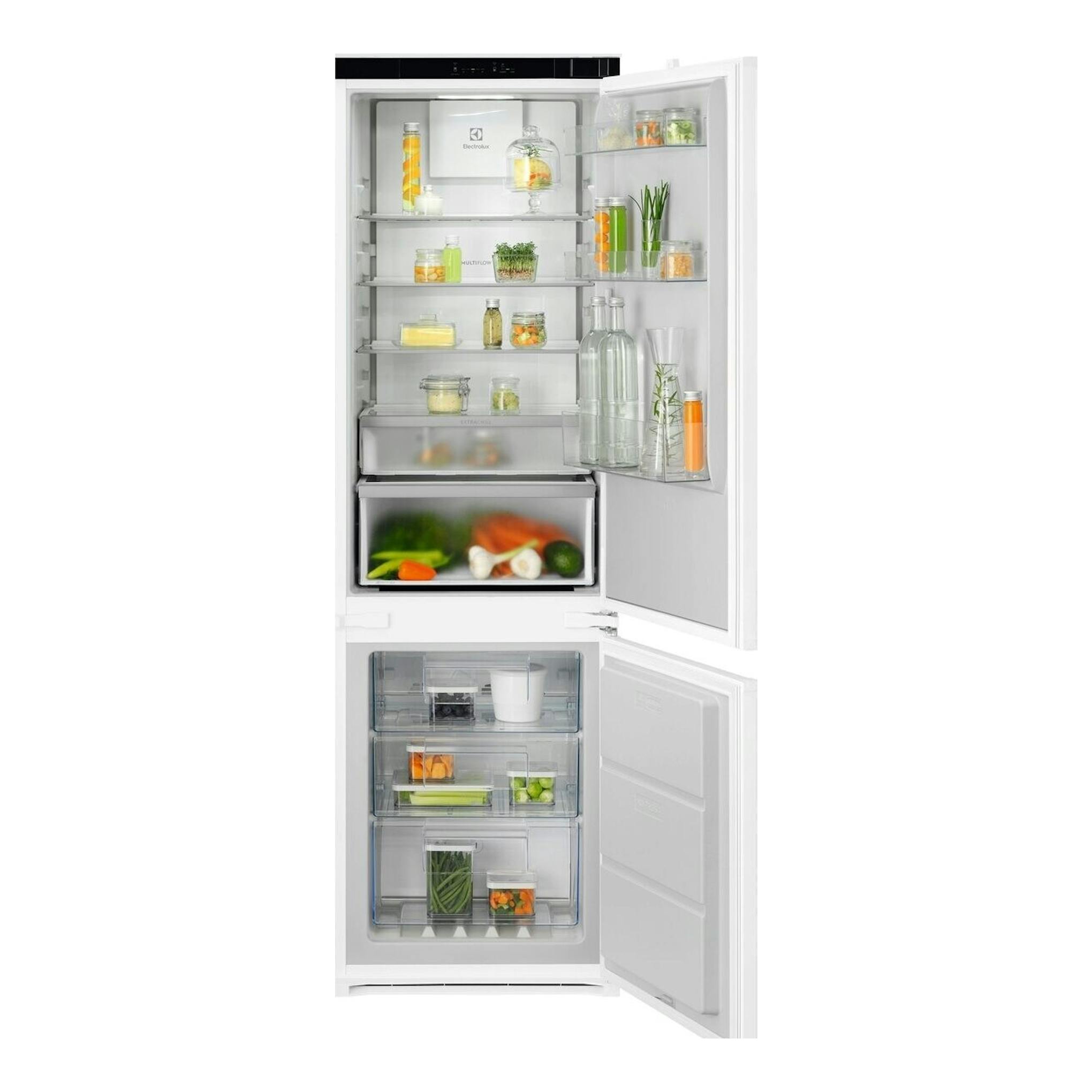 Frigorífico combi Electrolux ENA7CE18S1 integrado, abierto, vista frontal, blanco.