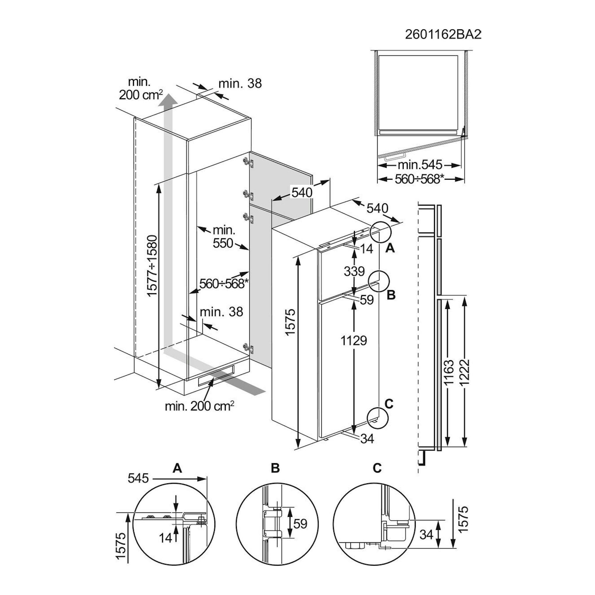 Esquema técnico de instalación del frigorífico combi integrable Electrolux ETS3LE16S, con vistas y medidas.
