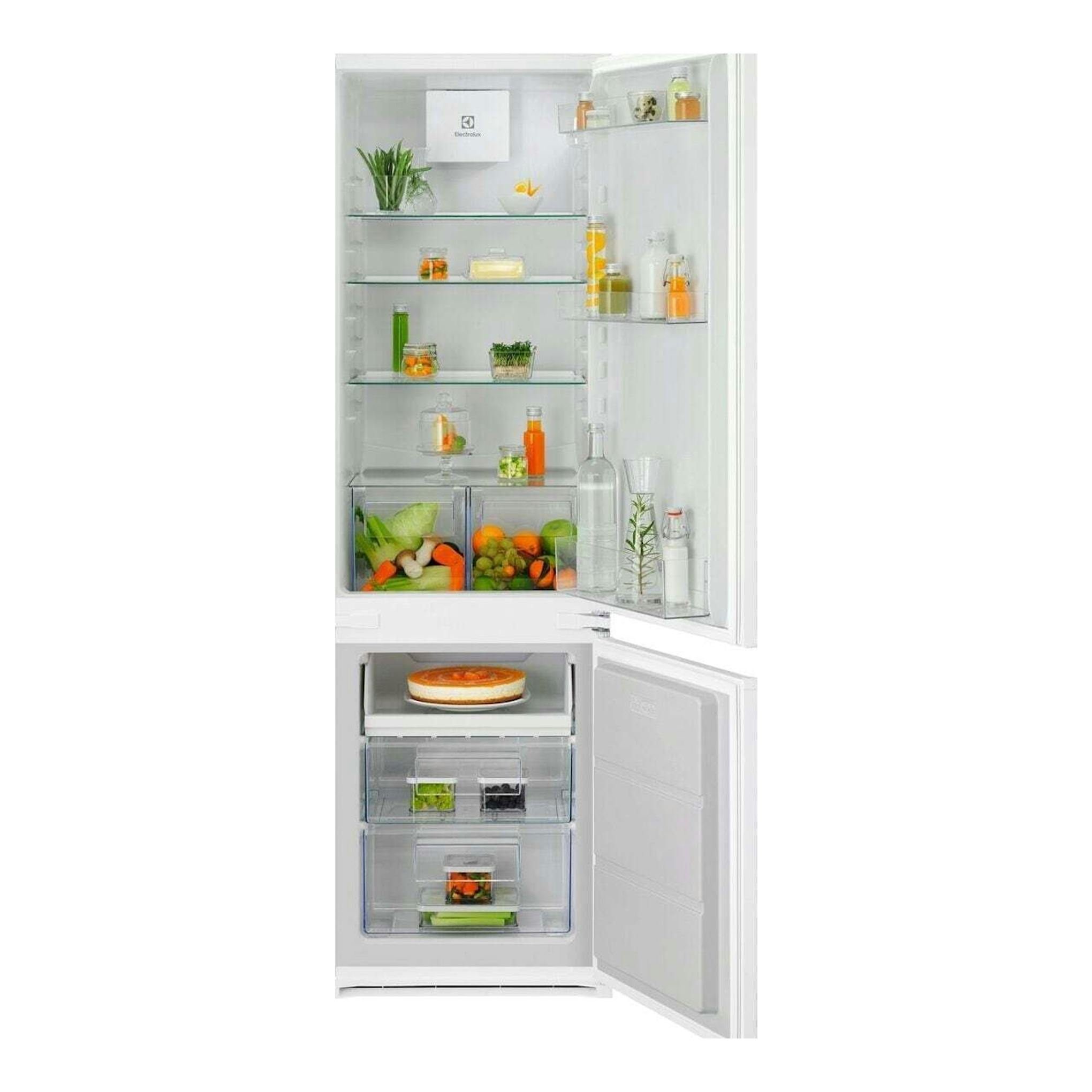 Frigorífico combi Electrolux LNA6DE18S blanco, puerta abierta, con estantes y cajones interiores visibles.