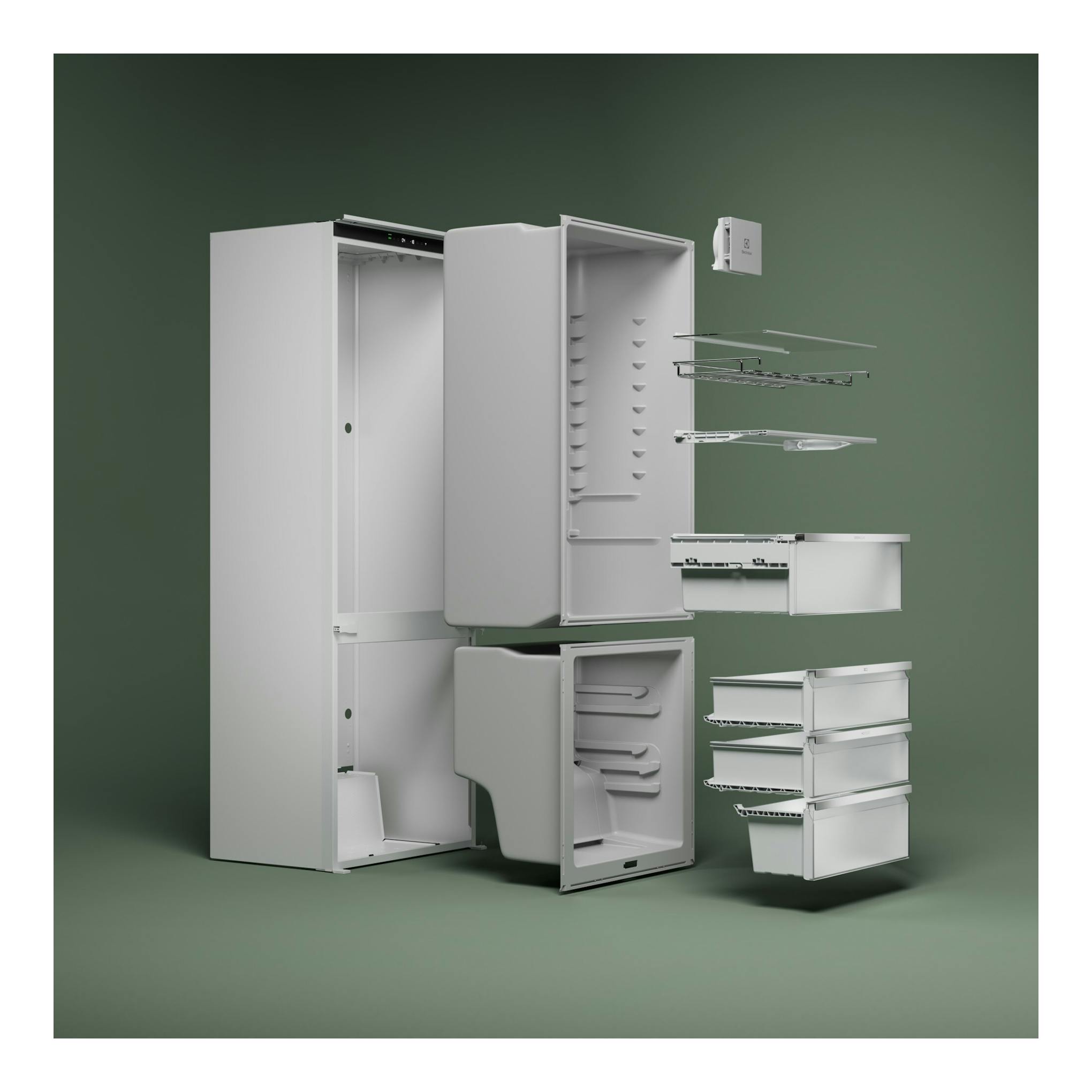 Frigorífico combi Electrolux LNA6LE18S blanco, vista frontal explotada con baldas y cajones separados.