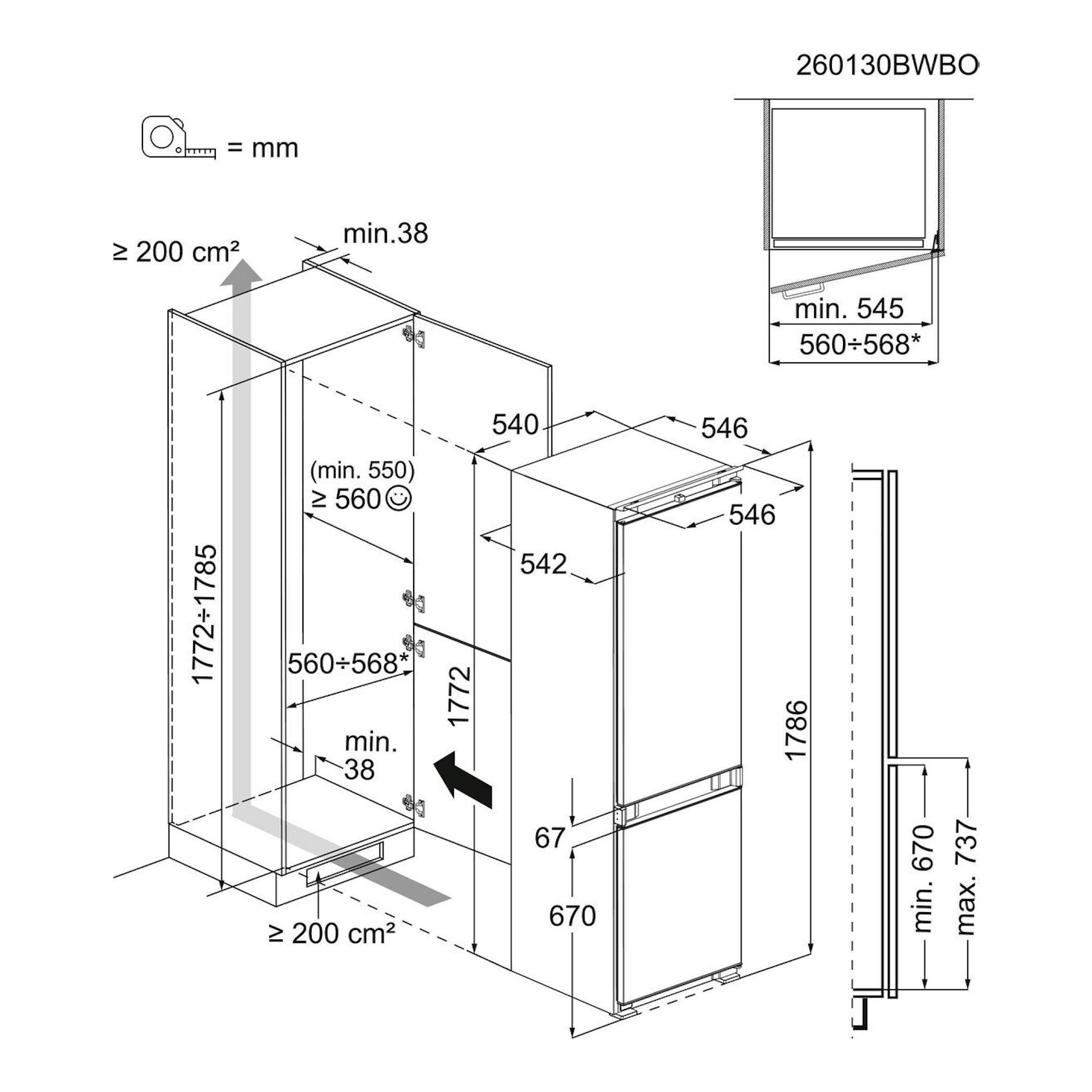 Diagrama técnico de un frigorífico combi integrable Electrolux LNN3CE18S en vista isométrica, con medidas.