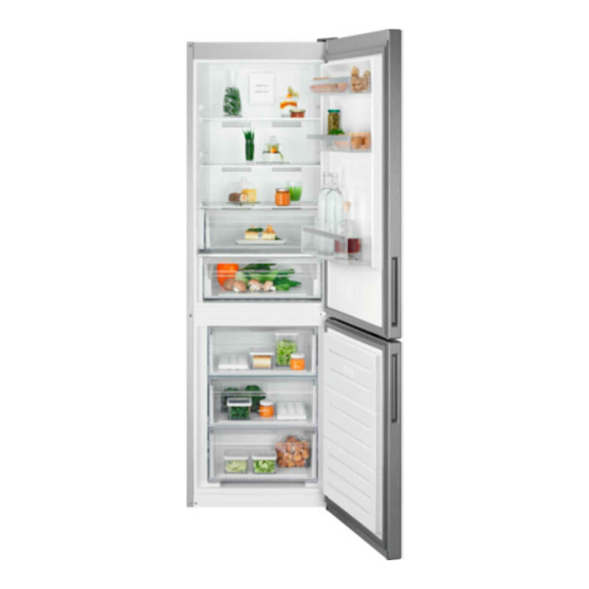 Frigorífico combi Electrolux LNT6ME32U2 inox, vista frontal con puertas abiertas y estantes interiores.