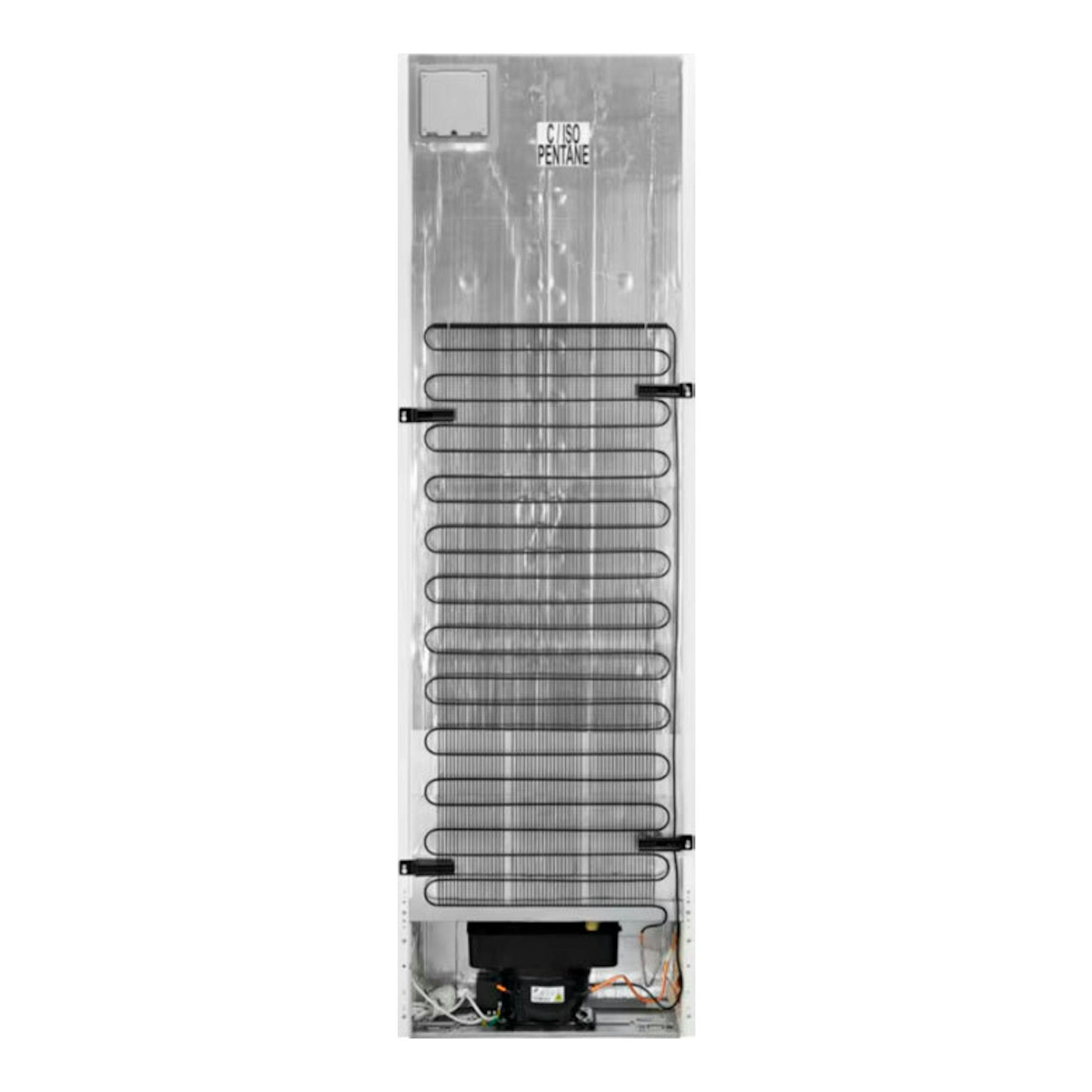 Parte trasera de frigorífico combi Electrolux LNT6ME36U inox, con serpentín y compresor visibles.