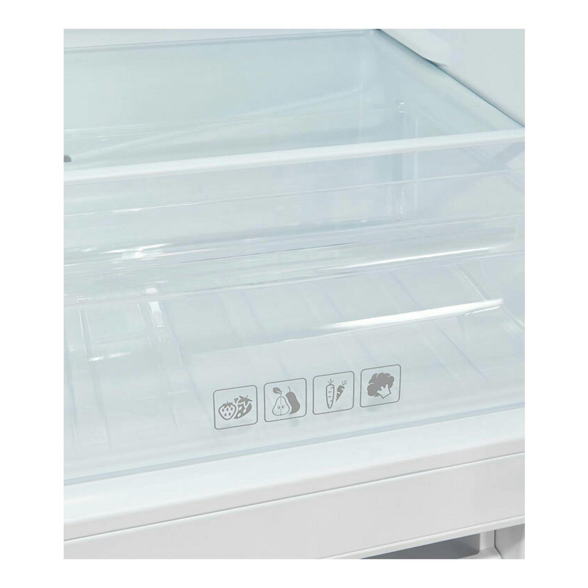 Vista frontal del interior: cajón transparente del frigorífico Exquisit KGC232-60-E-040E, blanco.