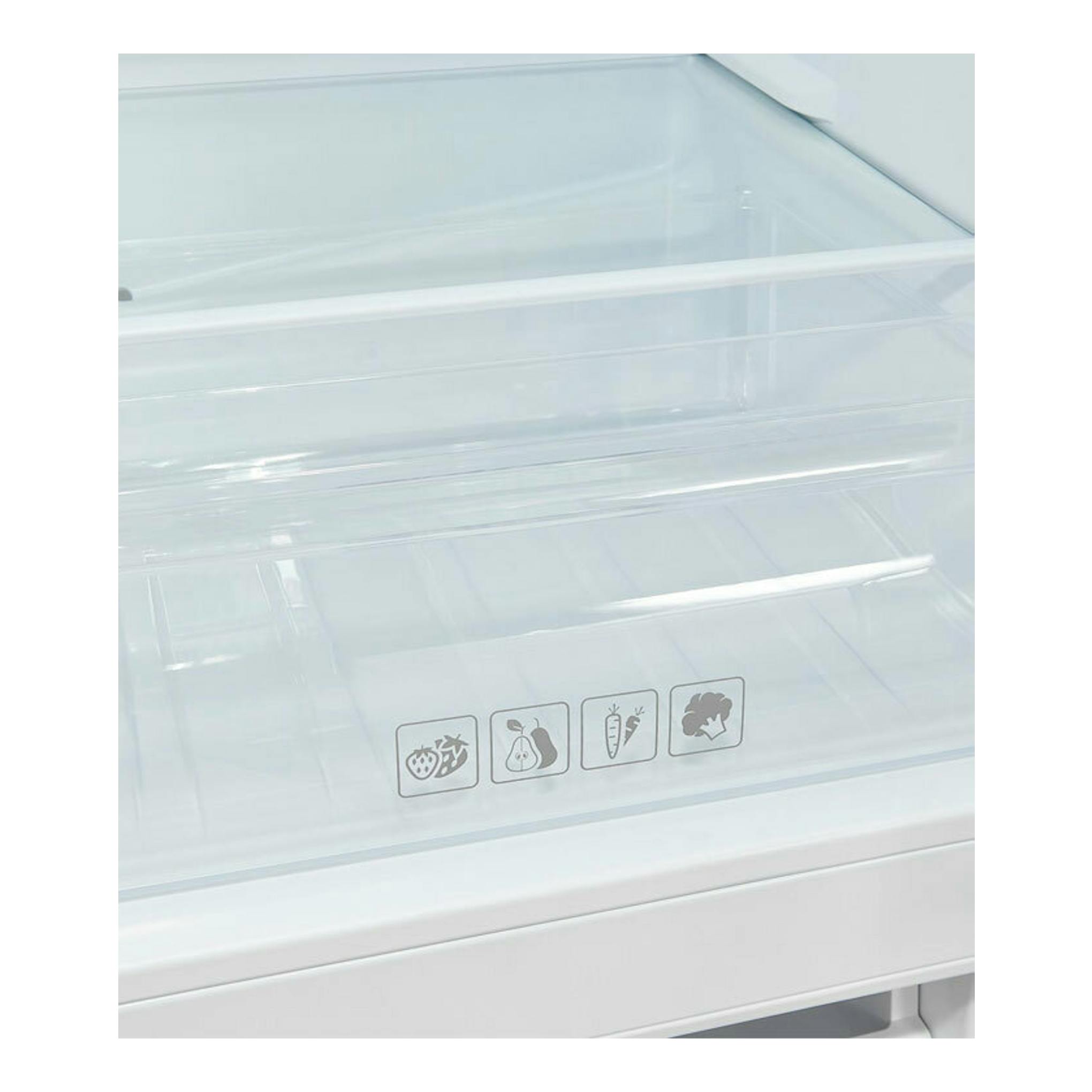 Vista frontal del interior: cajón transparente del frigorífico Exquisit KGC232-60-E-040E, blanco.