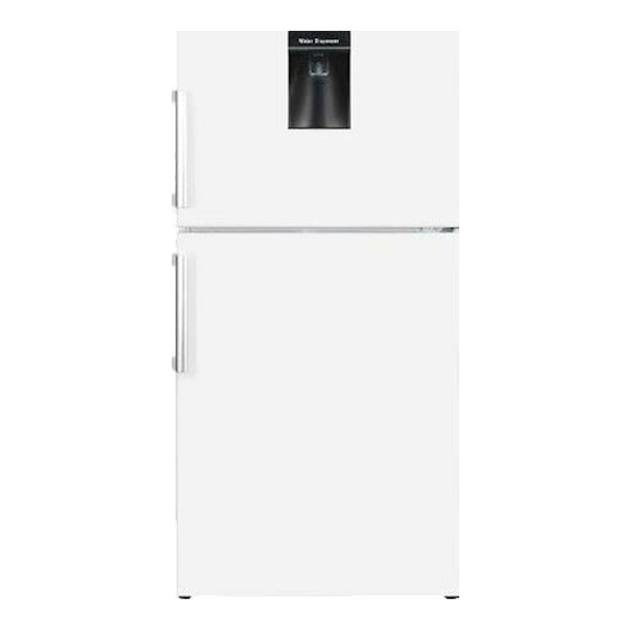 Frigorífico combi Exquisit KGC265-70-H-WS-010E blanco, vista frontal, con dispensador de agua.