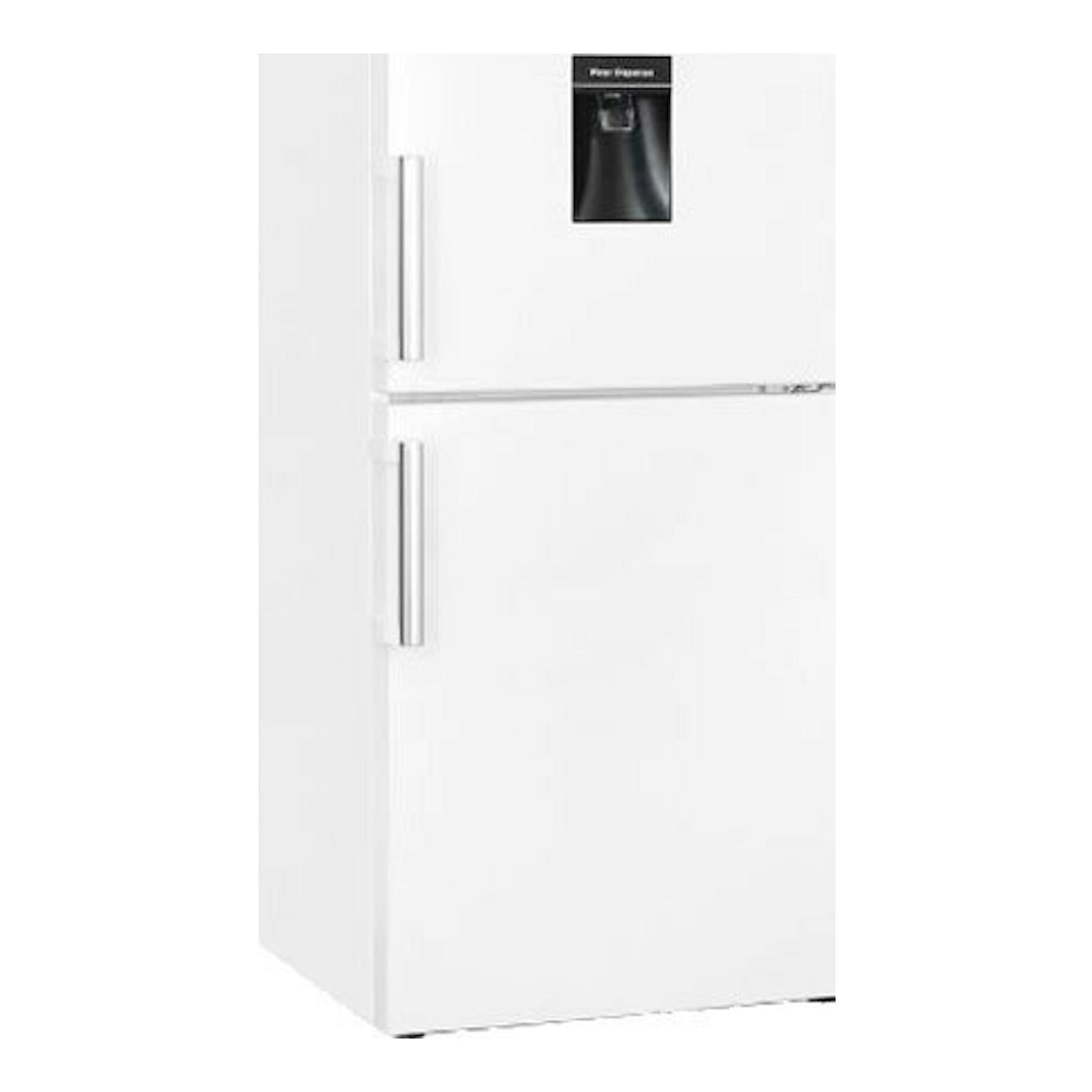 Frigorífico combi Exquisit KGC265-70-H-WS-010E blanco, vista frontal con dispensador de agua.