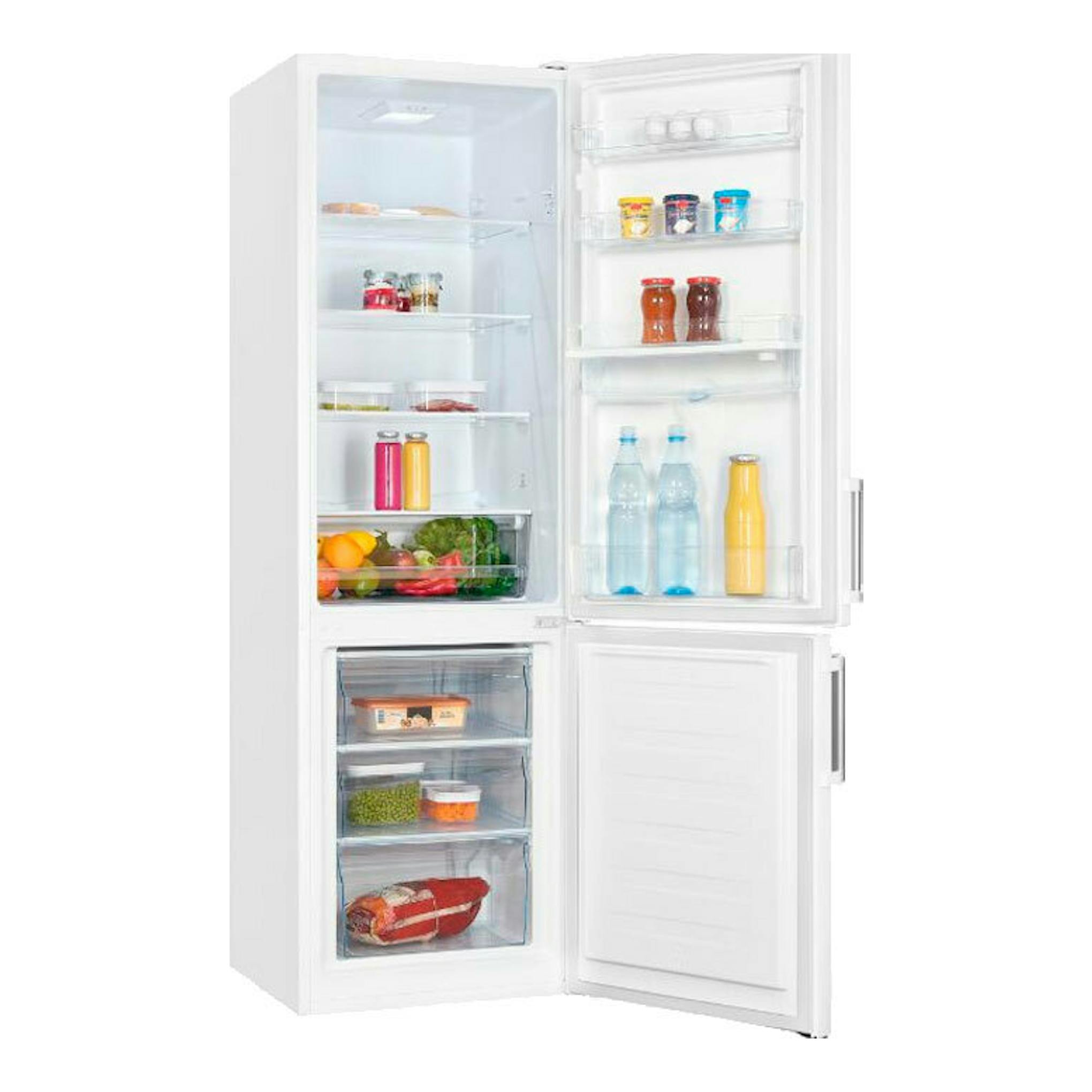 Frigorífico combi Exquisit KGC265-70-H-WS-010E blanco, vista frontal con puertas abiertas.