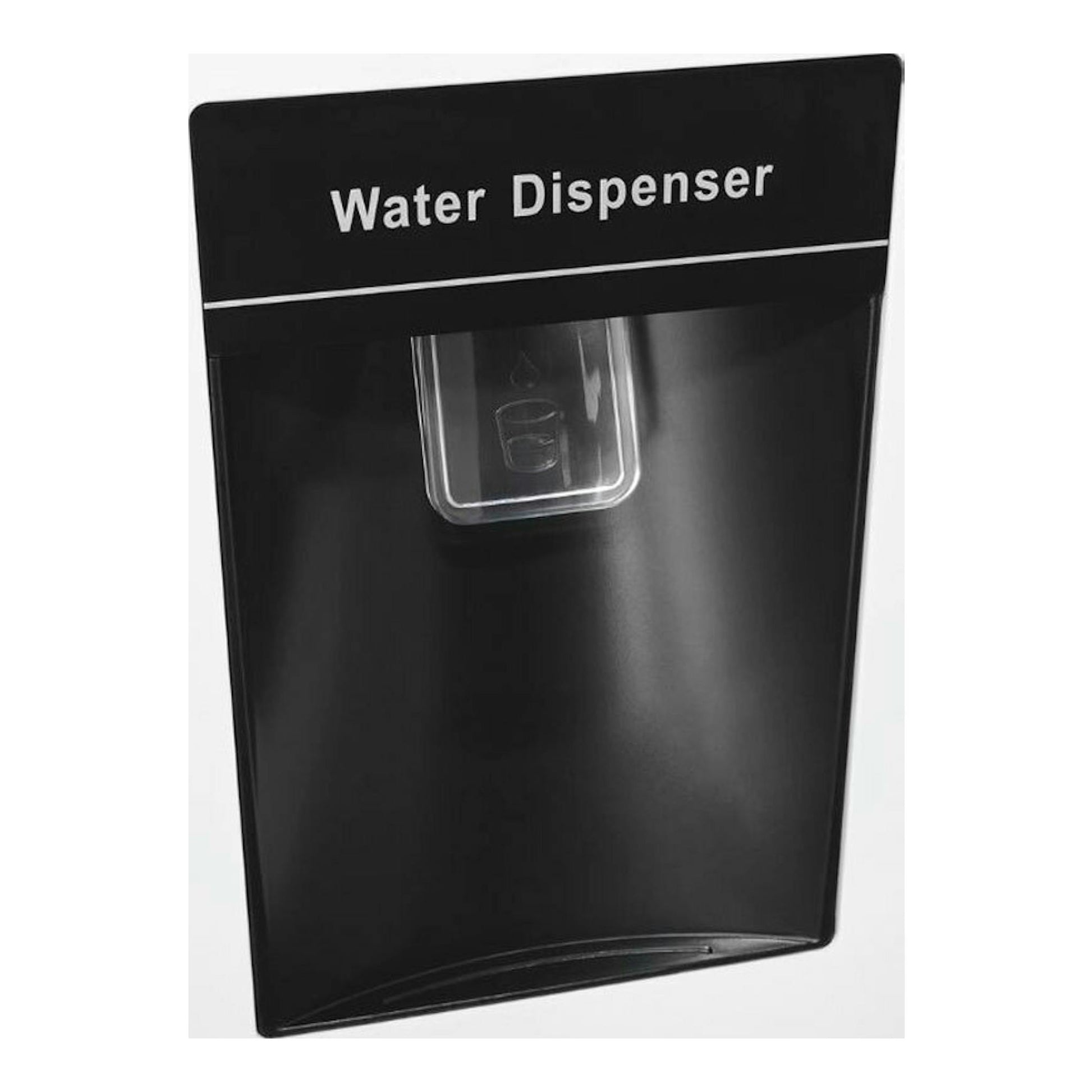 Dispensador de agua negro, vista frontal, con texto “Water Dispenser”.