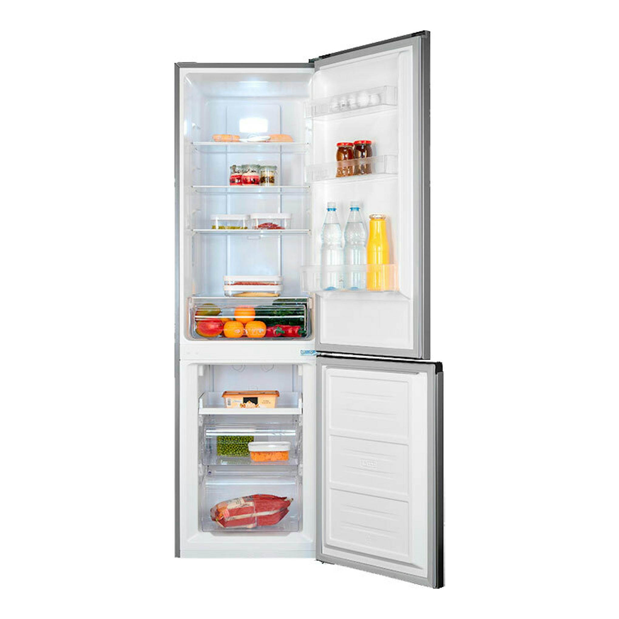 Frigorífico combi Exquisit KGC265-70-NF-040C inox, vista frontal con puertas abiertas y estantes visibles.