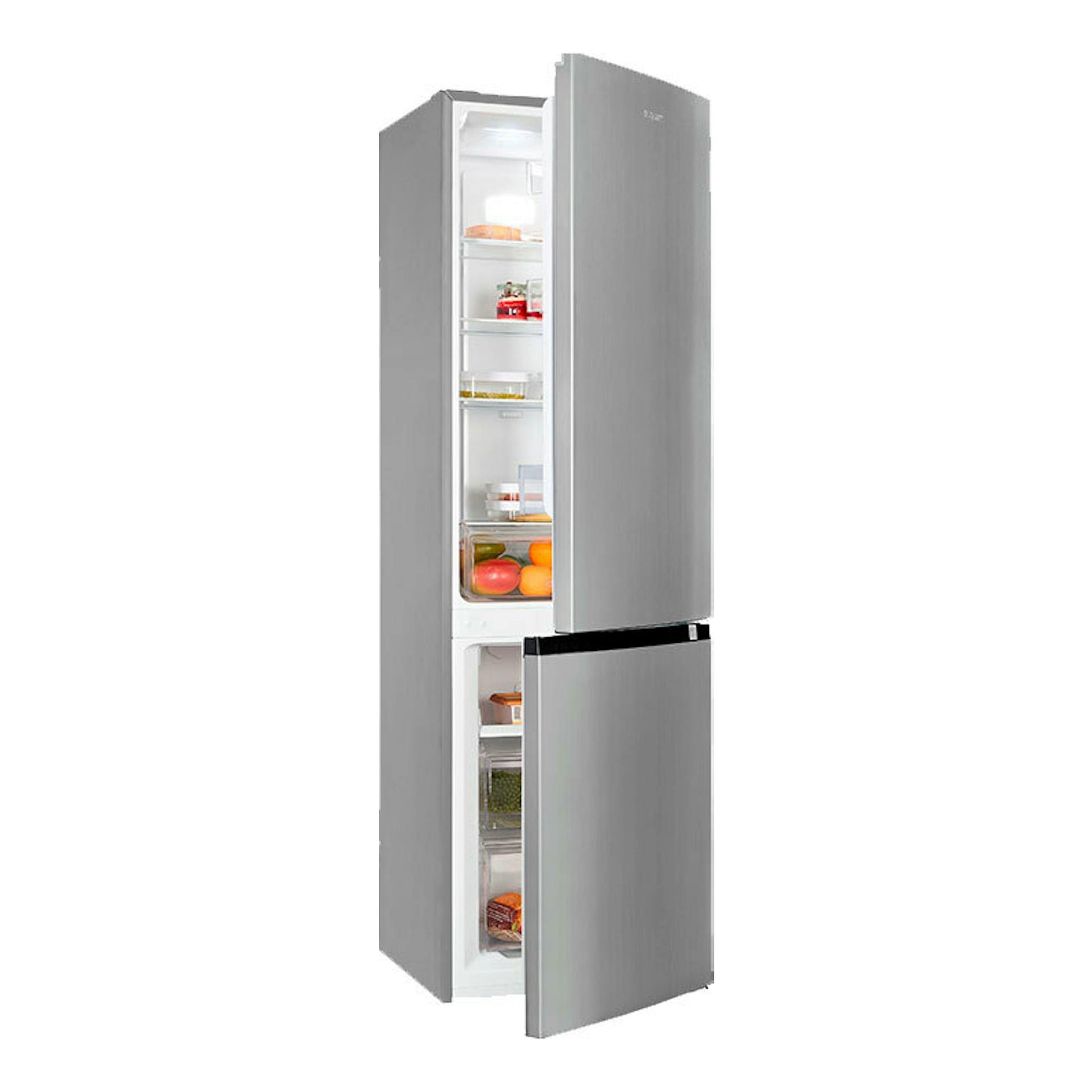 Frigorífico combi Exquisit KGC265-70-NF-040C inox, vista frontal con puertas abiertas e interior visible.