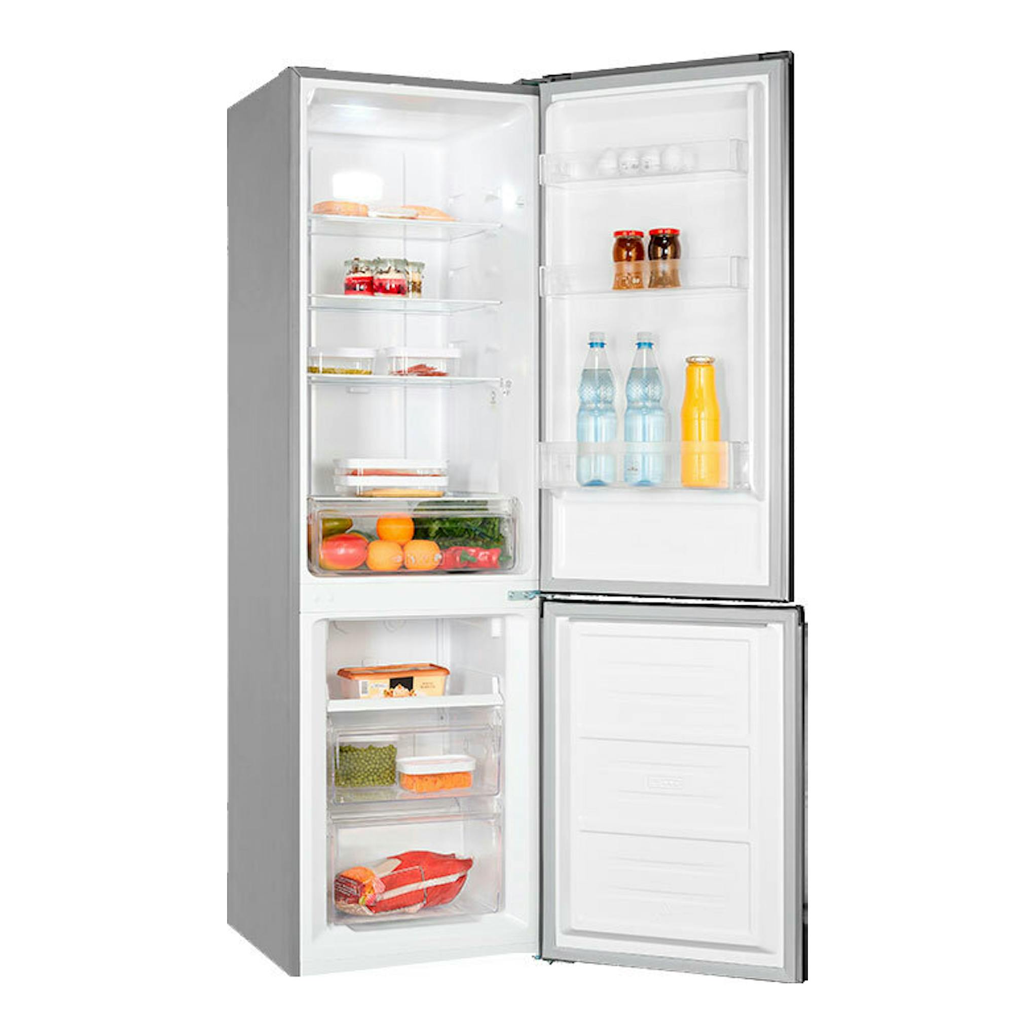 Frigorífico combi Exquisit KGC265-70-NF-040C inox, vista frontal con puertas abiertas e interior con alimentos.
