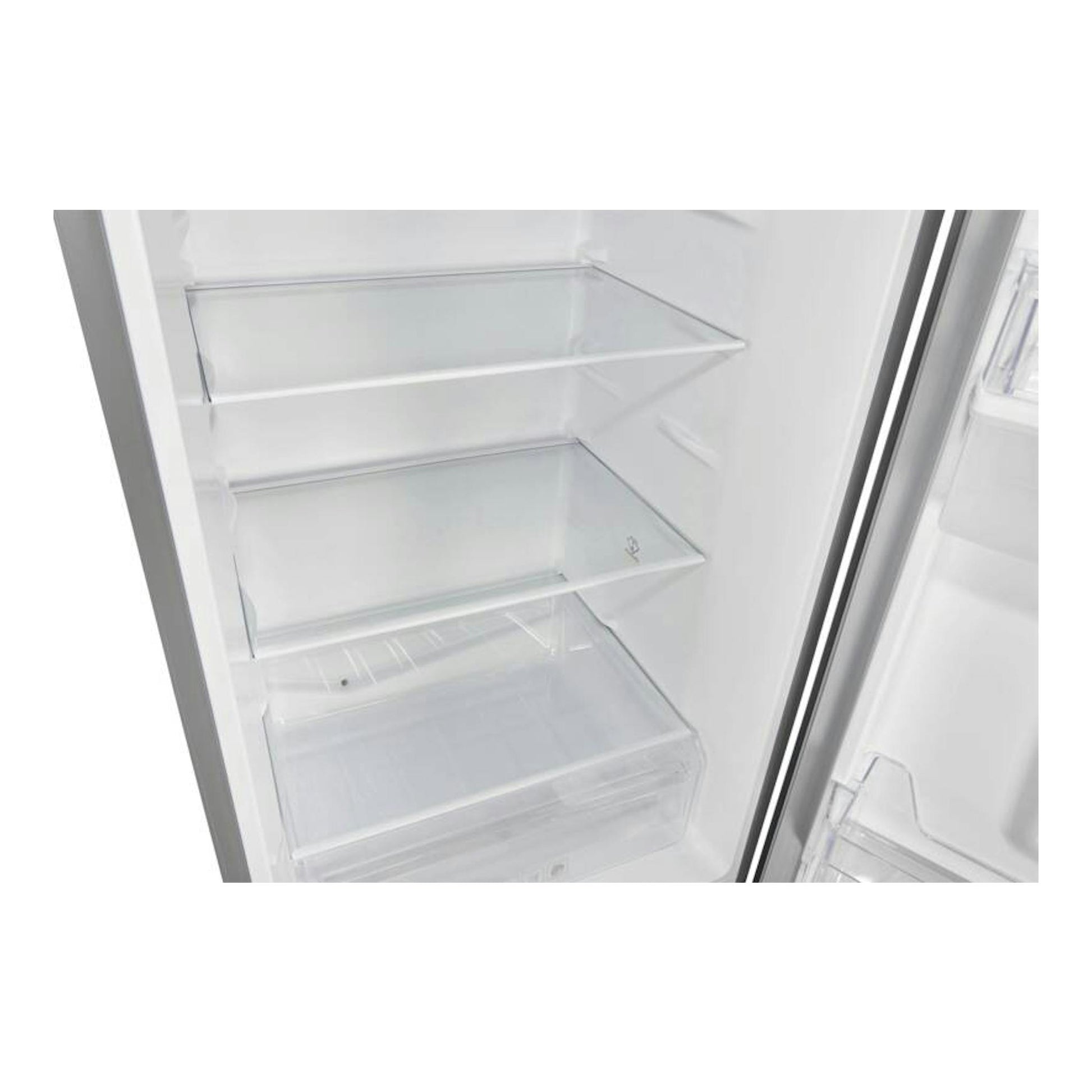 Interior de frigorífico combi Exquisit KGC265-70-WS-040D, con estantes de cristal y cajón, puerta abierta.