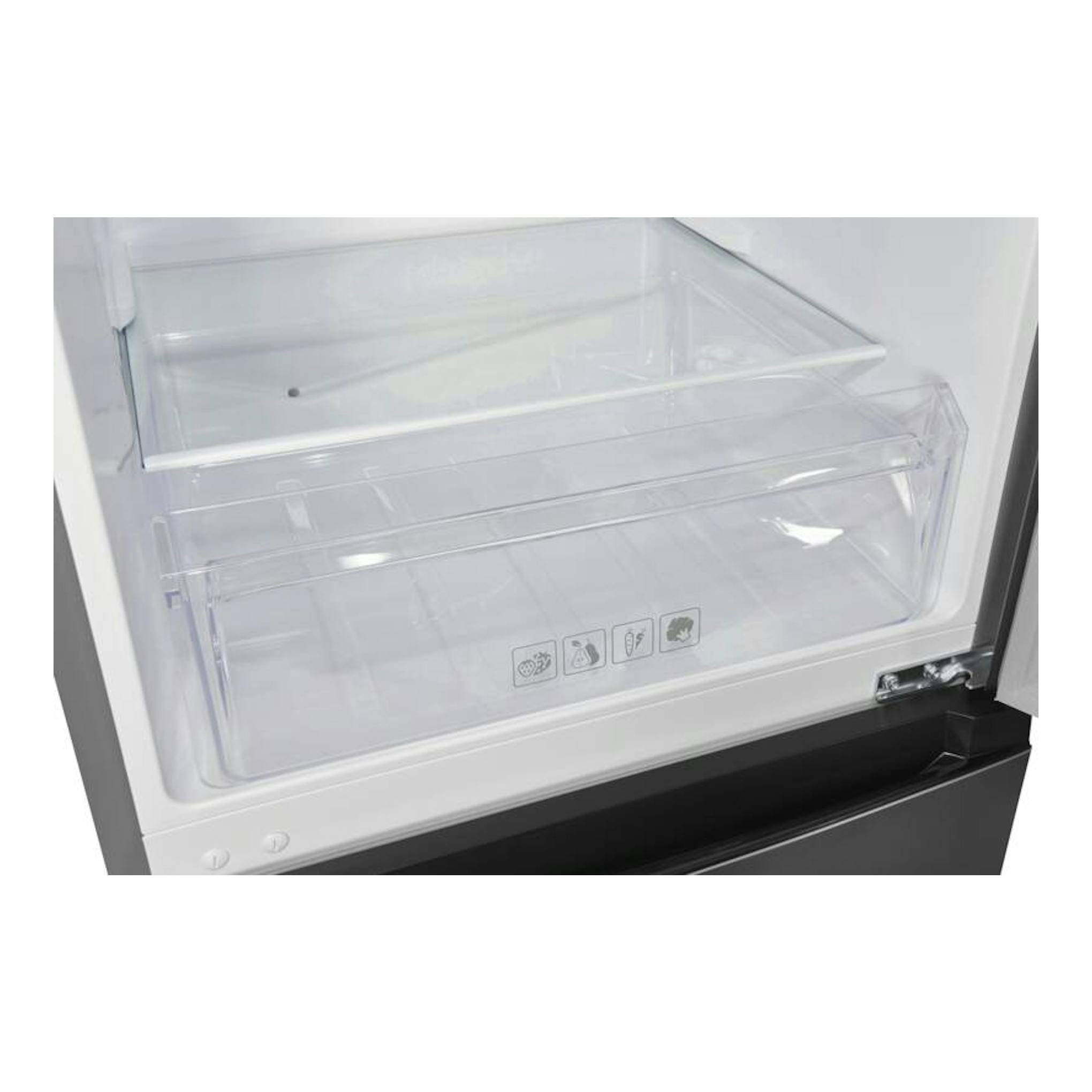 Interior de frigorífico combi Exquisit KGC265-70-WS-040D, cajones transparentes vistos de frente.