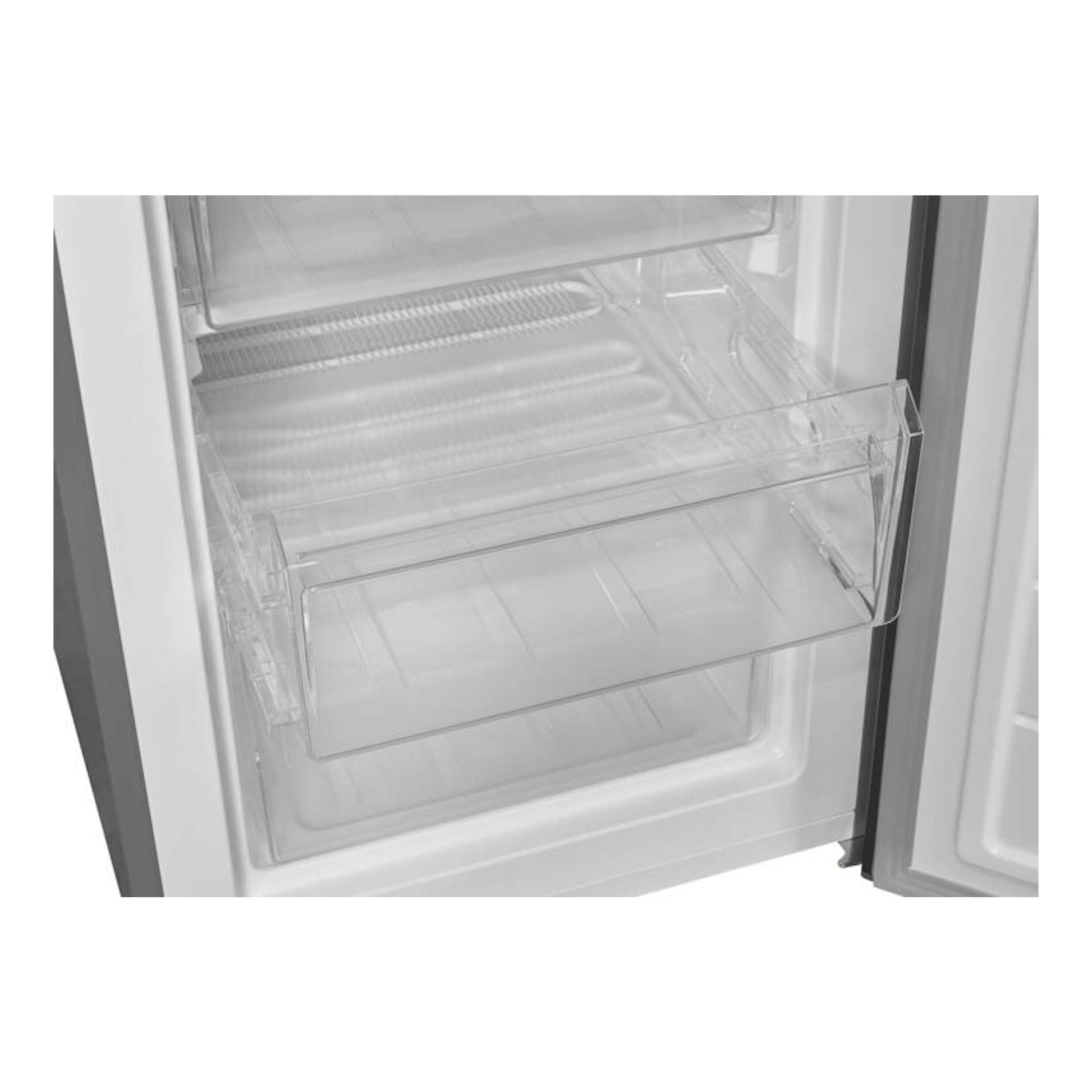 Frigorífico combi Exquisit KGC265-70-WS-040D, interior blanco con cajón transparente abierto.