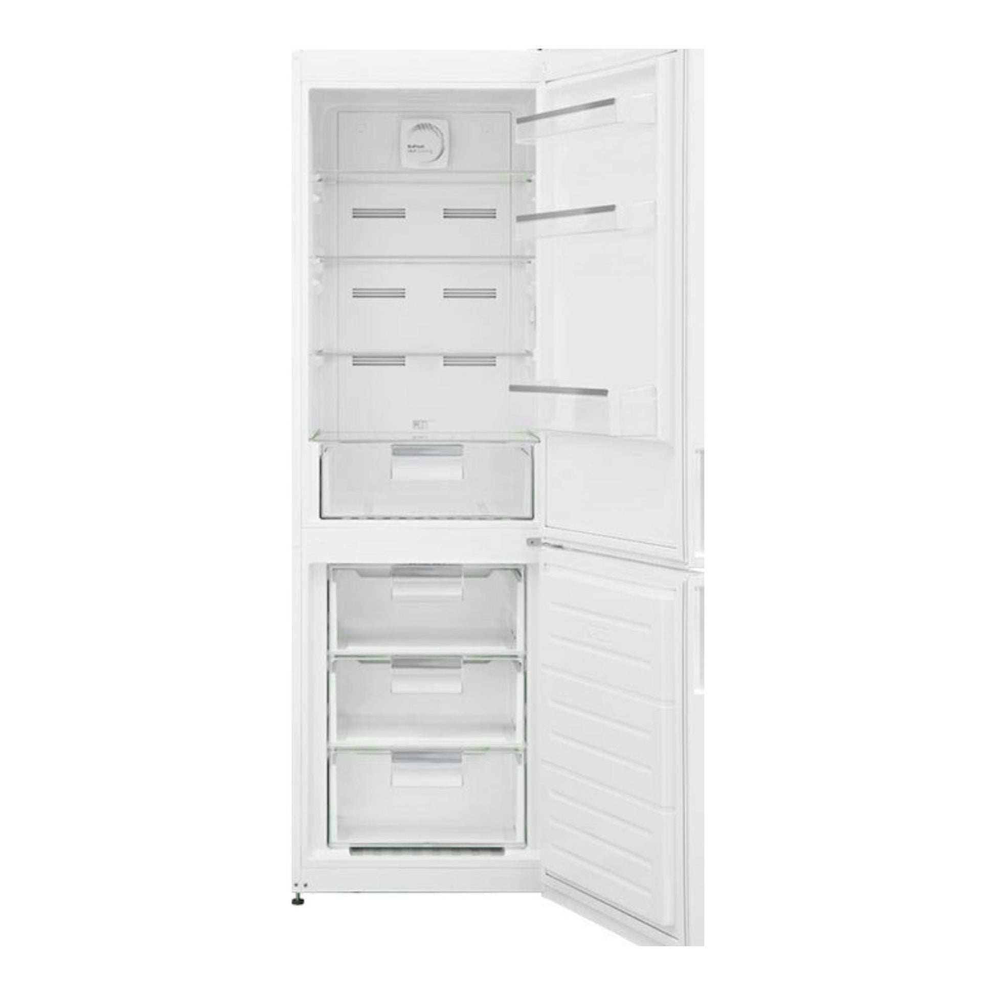 Frigorífico combi Exquisit KGC350-NF-040E blanco, vista frontal con puertas abiertas y cajones.