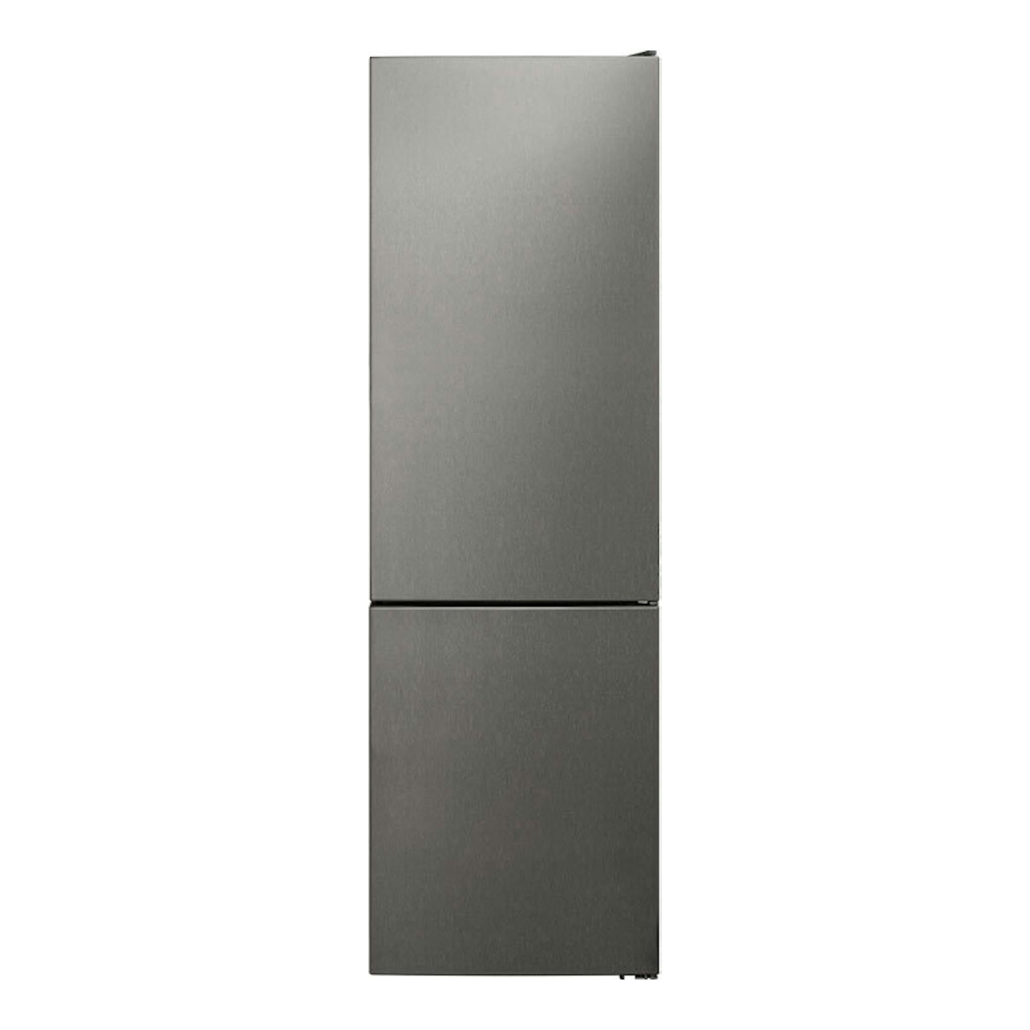 Frigorífico combi Exquisit KGC350-NF-040E en inox, vista frontal con dos puertas.