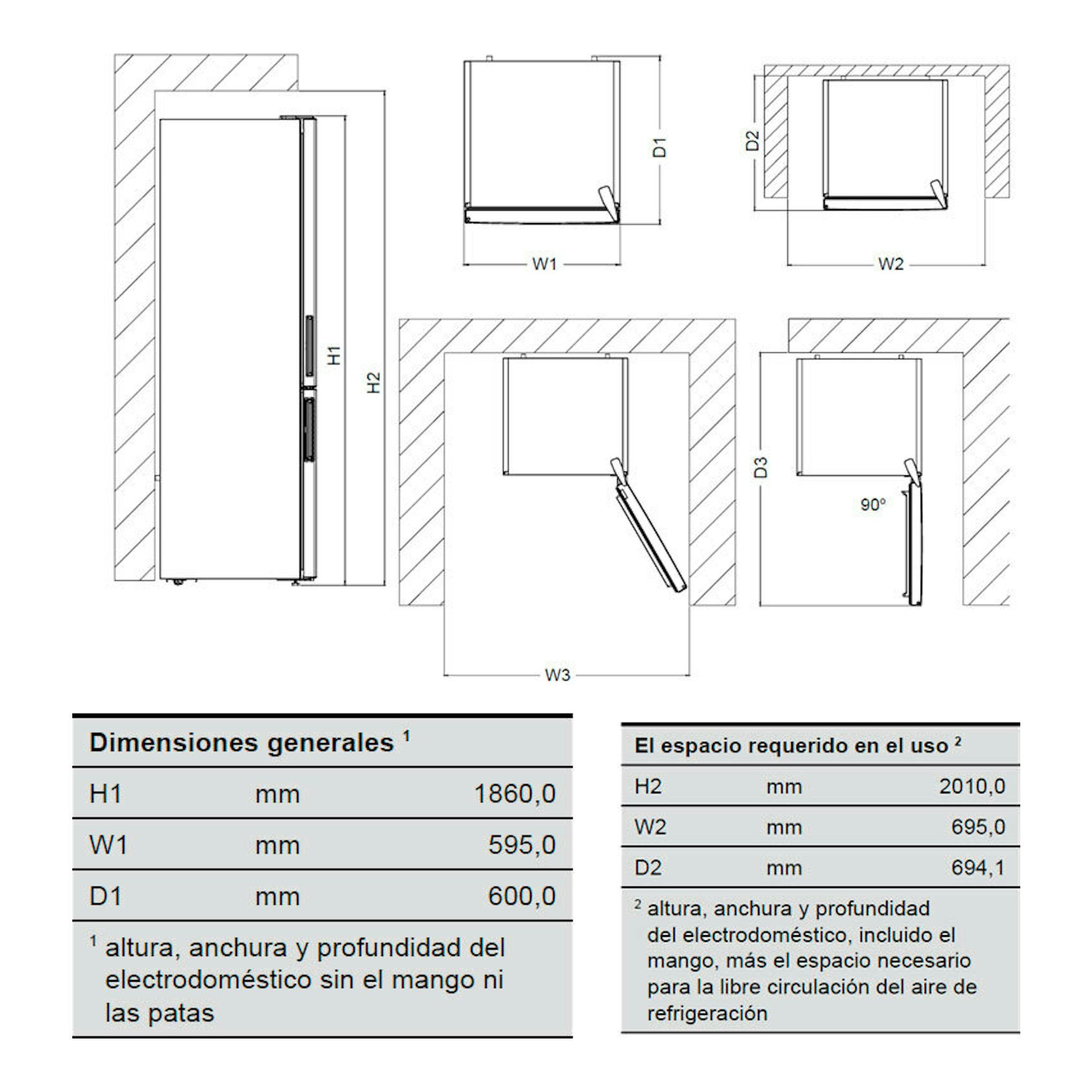 Esquema técnico del frigorífico combi Exquisit KGC350-NF-040E, con vistas frontal y lateral y medidas de instalación.