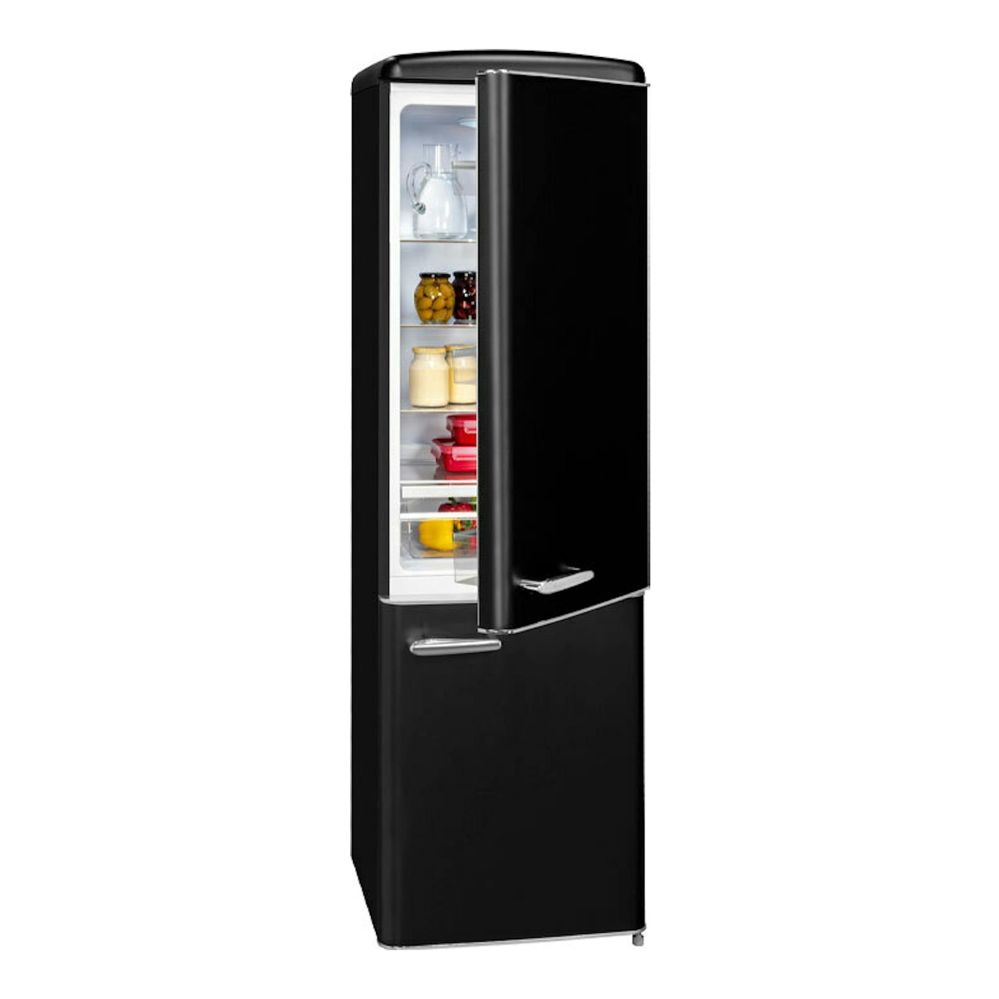 Frigorífico combi Exquisit RKGC250-70-H-160E negro mate, vista frontal con puerta abierta.