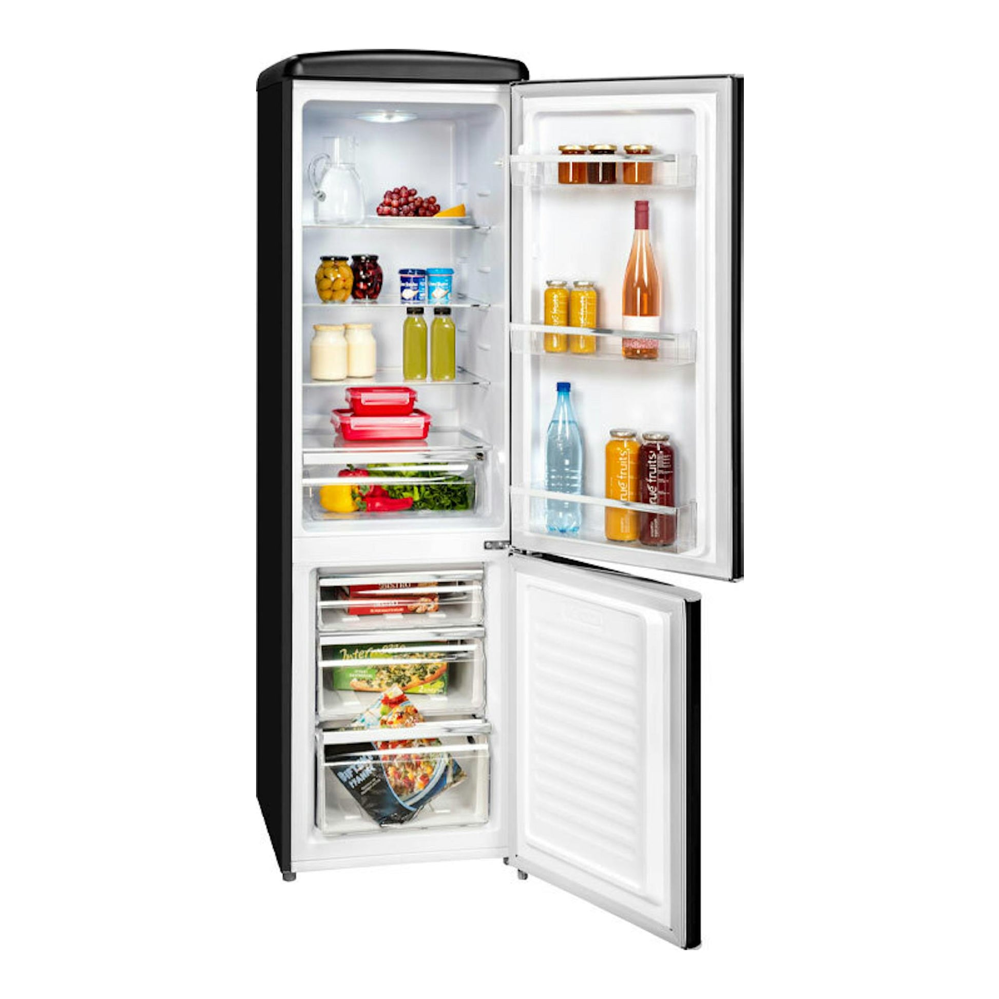 Frigorífico combi Exquisit RKGC250-70-H-160E negro mate, vista frontal con puertas abiertas y estantes visibles.