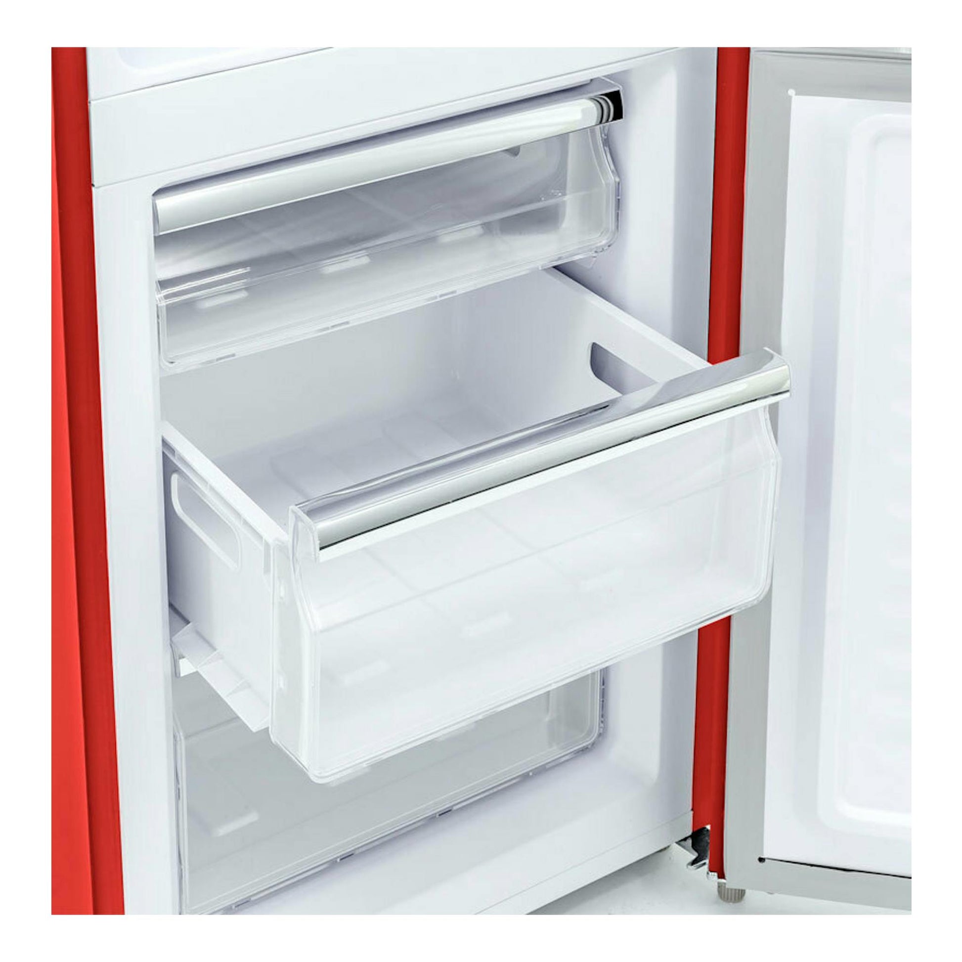 Frigorífico combi Exquisit RKGC250-70-H-160E rojo, vista frontal con cajones interiores abiertos.