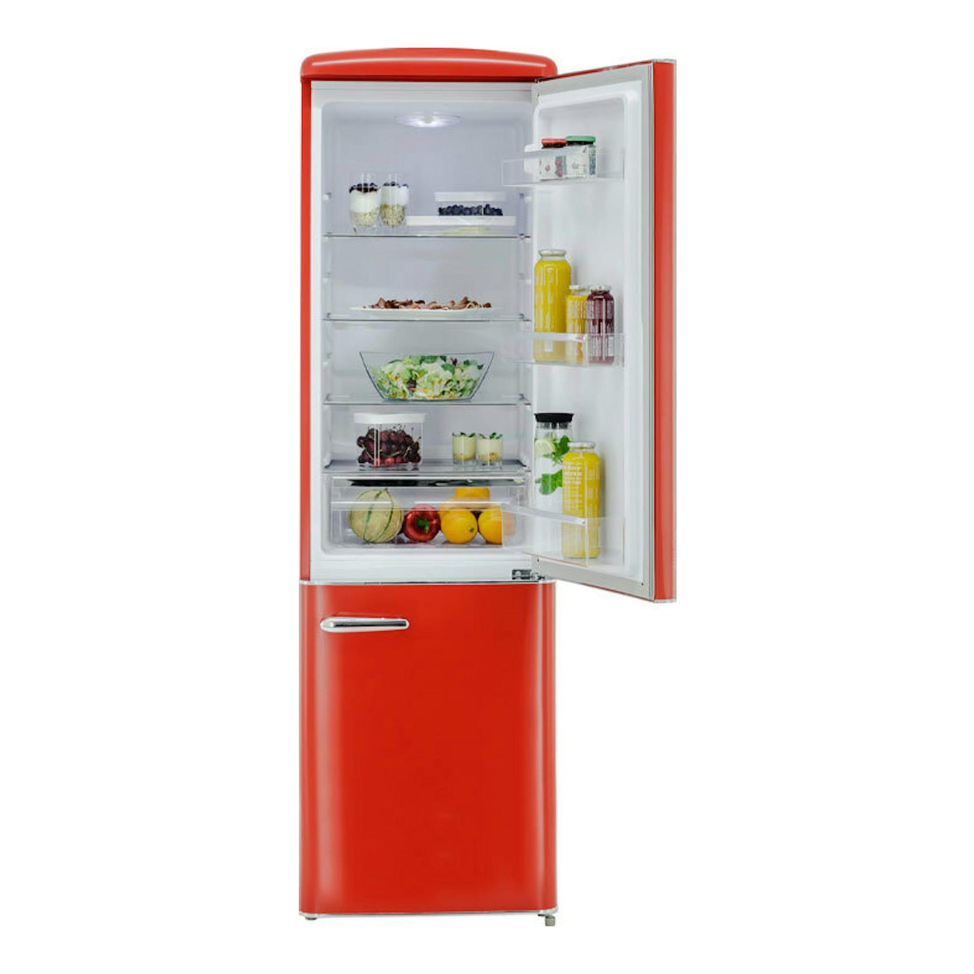 Frigorífico combi Exquisit RKGC250-70-H-160E rojo, vista frontal con la puerta superior abierta.